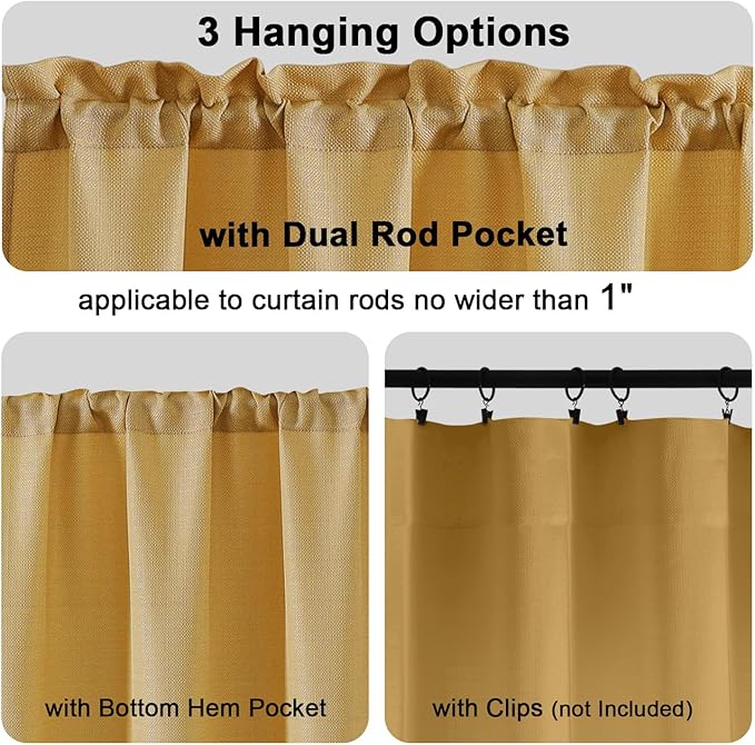 Chyhomenyc 24 Inch Length Gold Faux Linen Textured Small Cafe Curtains, Light Filtering Short Camper Curtains for RV Window Bathroom, 30x24 Inch, 2PCS