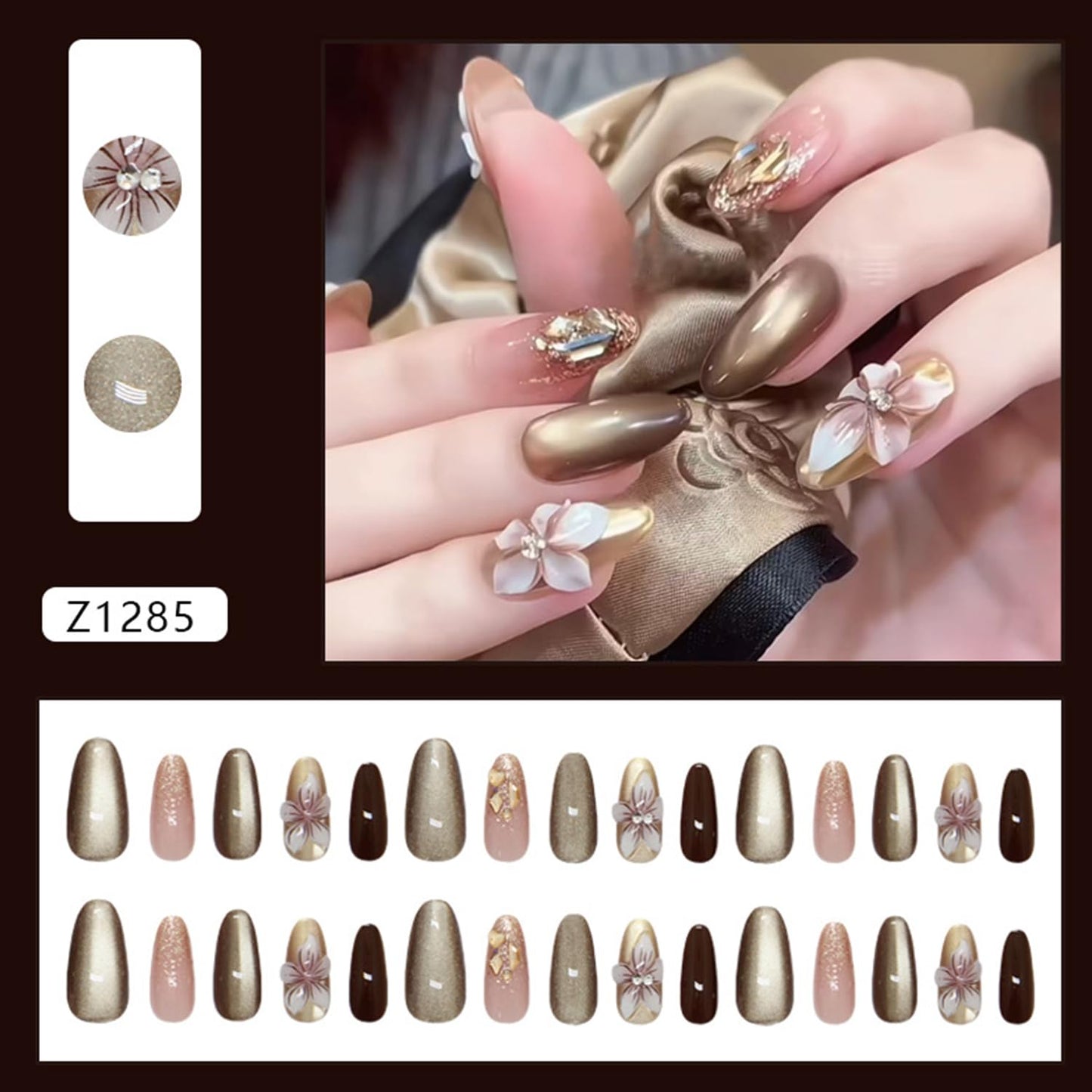 30Pcs Flower Press on Nails Medium Almond Fake Nails Artificial Acrylic 3D Floral with Rhinestones Glitter Spring Design Full Cover Glossy Stick on Nail Artificial Fingernails for Women Manicure