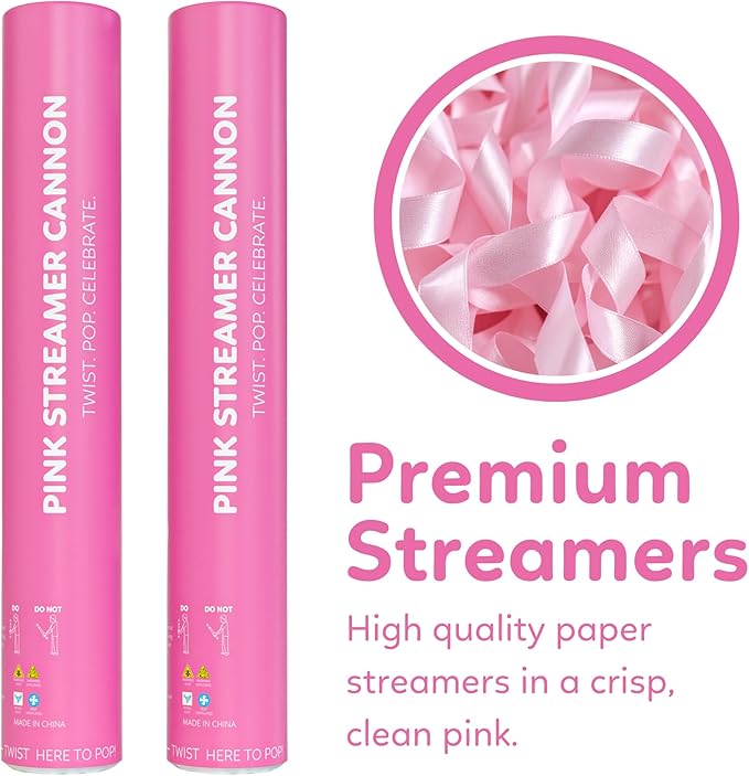 Pink Streamer Cannon Poppers | 2 Pack | Biodegradable Pink Streamers | TUR Party Supplies | Up to 25ft | Giant (12”) | Party Poppers for Graduation, Birthdays, and Bachelorette & Princess Parties