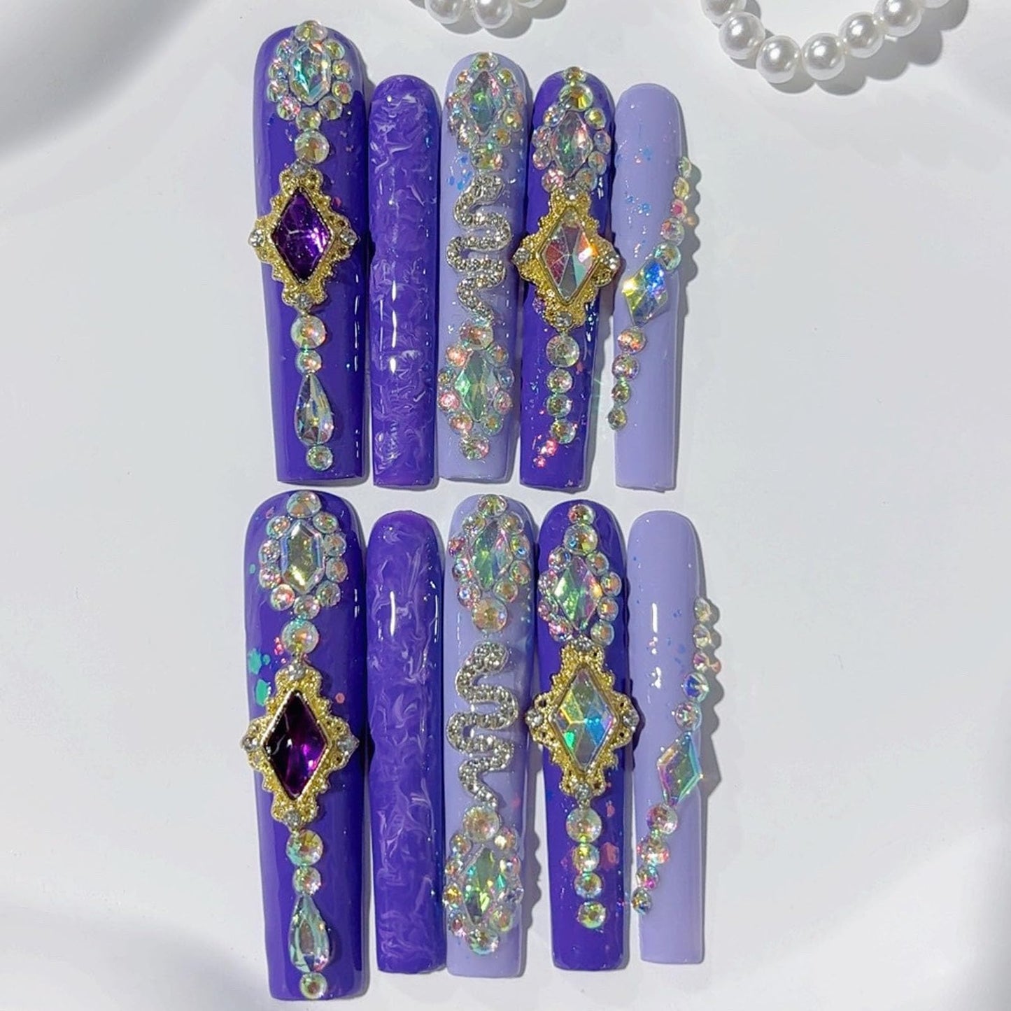 10 Pcs Extra Long Handmade Press on Nails Square Fake Nails with 3D Rhinestones Charms Design Purple Acrylic False Nails Wedding Party Long Press Ons Nails Square for Women - M Size