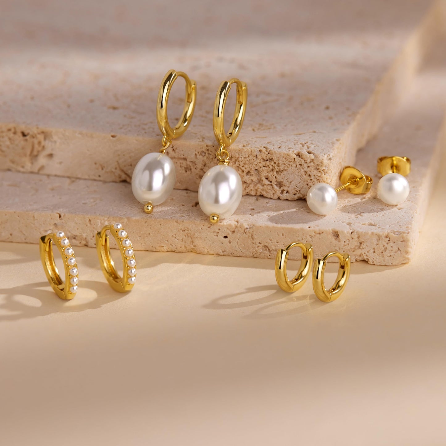 Gold Pearl Earrings for Women,Huggie Small Stack Cartilage Stud Hoop Earring Sets for Multiple Double Piercing, Conch Helix Rook Tragus Daith Piercing Gold Clip On Jewelry Set Gifts