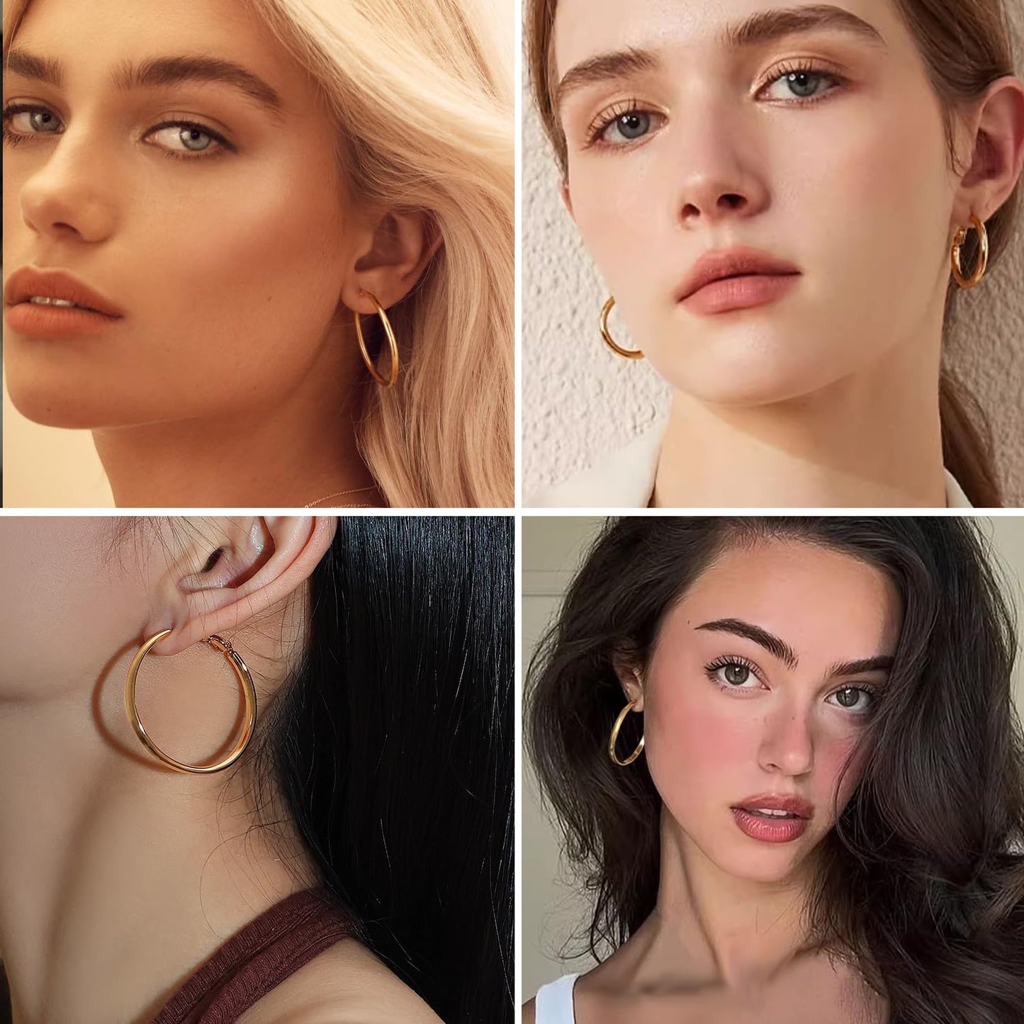 PICKBEAU Chunky Gold Hoop Earrings for Women | 14K Plated Hypoallergenic 4mm Wide & Thin Big Round Circle Hoops Stainless Steel Womens Loop Dangle Earrings Set (30/40mm)