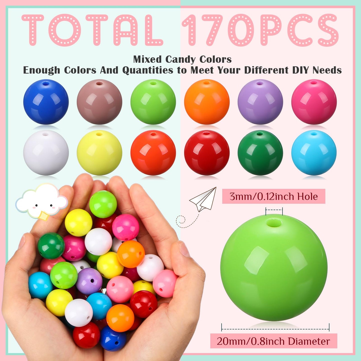 Huquary 170 Pcs Round Bubblegum Beads - 20 mm Multicolor Acrylic Chunky Mixed Color Opaque Beads with 3 mm Hole for Pen Necklace Jewelry Making Crafts Supplies