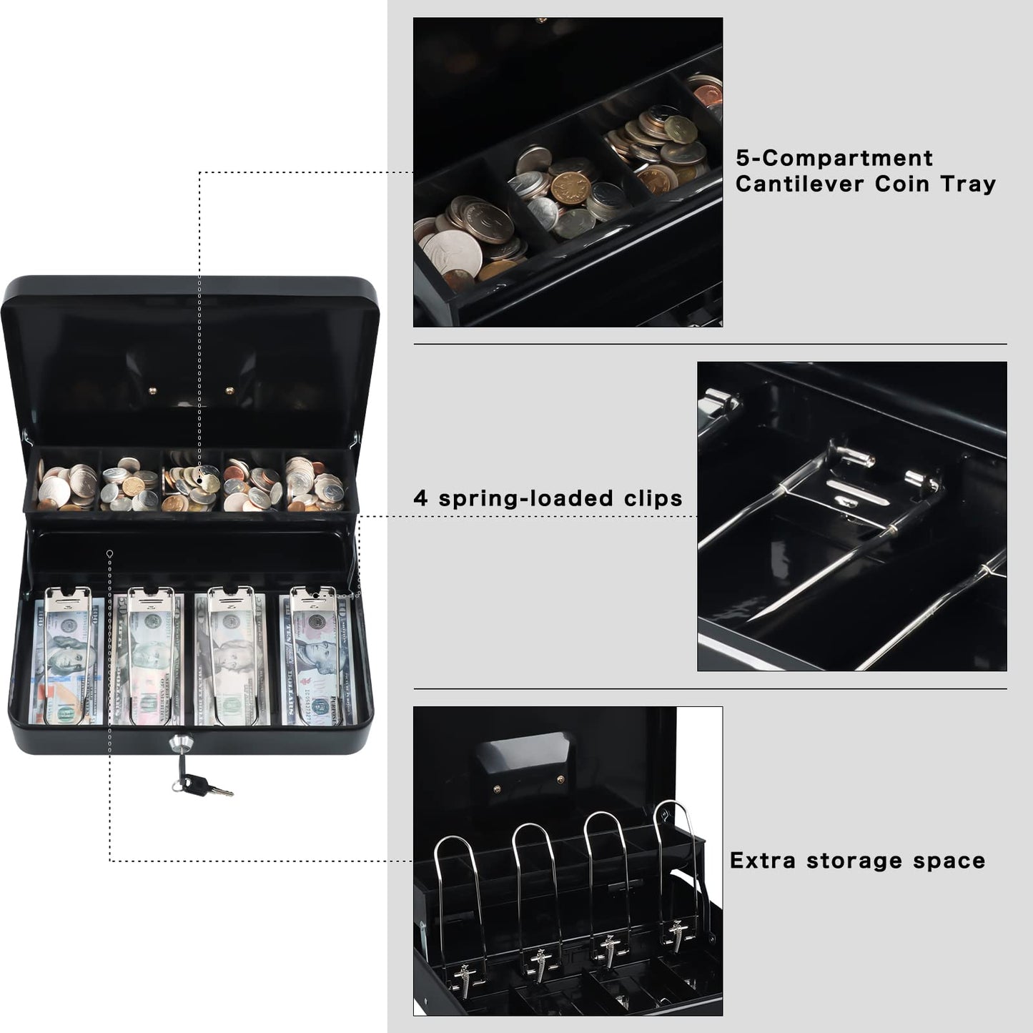 xydled Cash Box with Money Tray and Key Lock,Tiered, Cantilever Design,4 Bill / 5 Coin Slots,11.8" x 9.5" x 3.5",Black