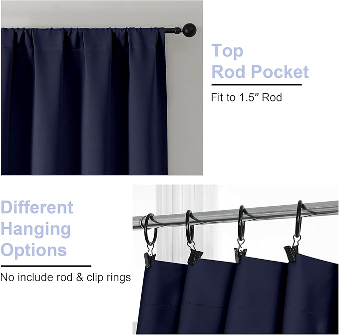 Simplebrand Ava Navy Blue Short Blackout Curtains for Bedroom 54 Inches Long 2 Panels Set, Solid Thermal Insulated, Energy Saving Window Treatment Curtains Blackout Drapes, W40 x L54 Inch, Navy Blue