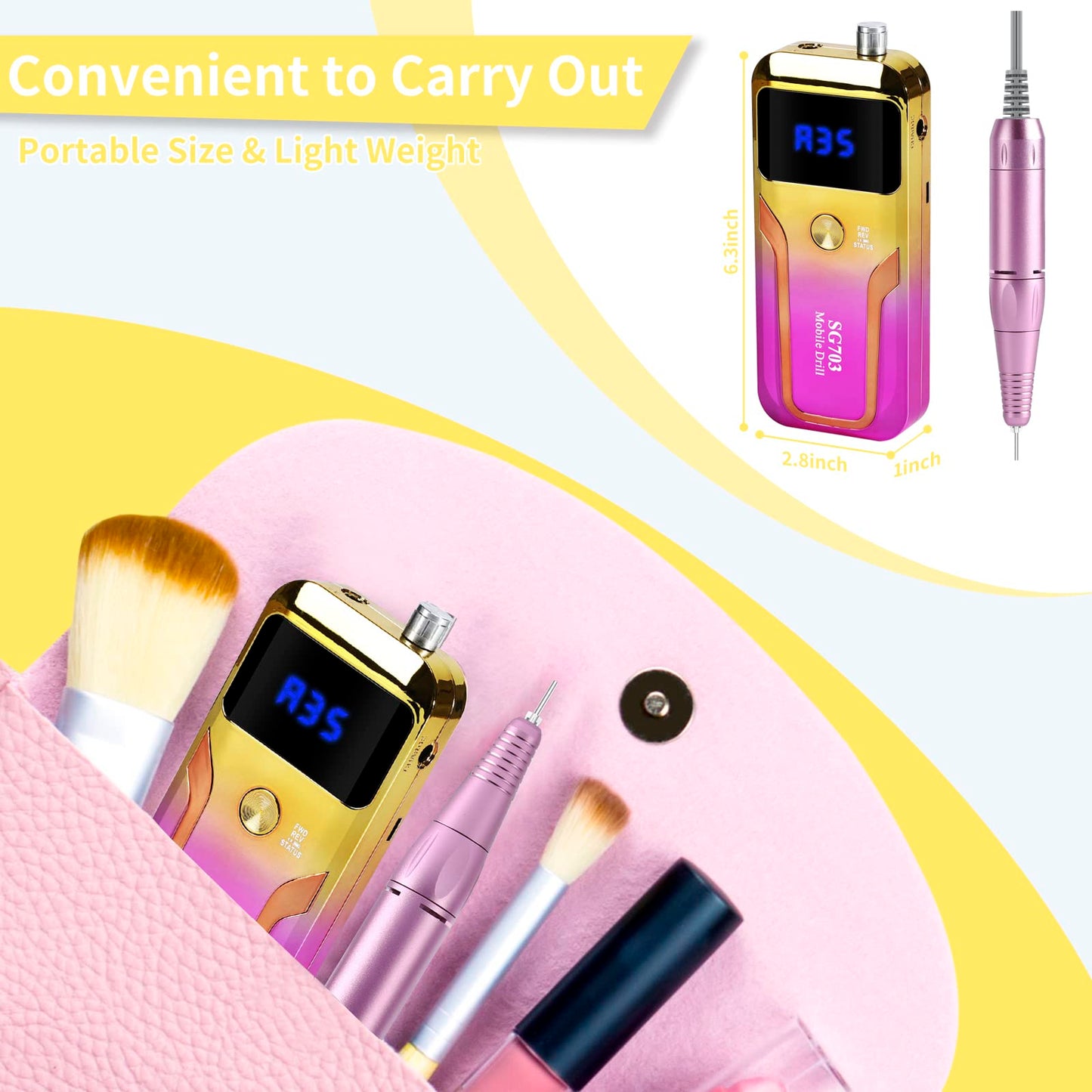 Portable Nail Drill Professional 35000 RPM, MOCOWIND Rechargeable Electric Nail File Machine E File for Acrylic Gel Polishing Removing, Cordless E-File with Bits Kit for Manicure Salon Home