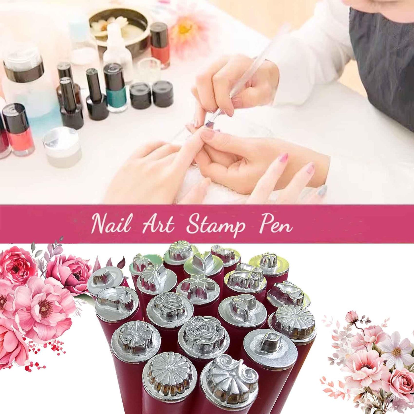 KSOPUERT Nail Art Flower Stamp Pen Set Nail DIY Art Dotting Tools Different Design Stamping Nail Decoration Kits for Women (19PCS)