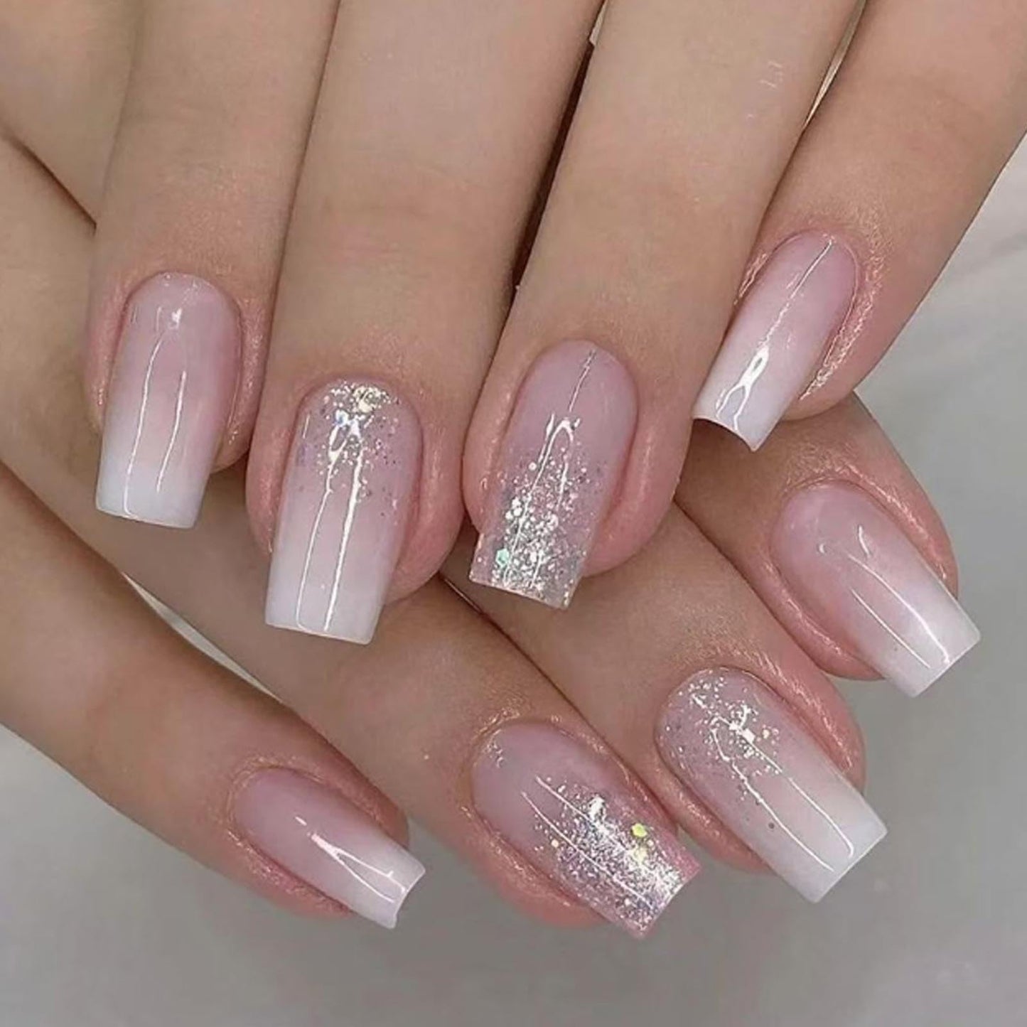 Hkanlre Pink Medium Fake Coffin Nails Tips Press on Sequins Nails Full Cover Gradient False Shiny Nails for Women 24PCS