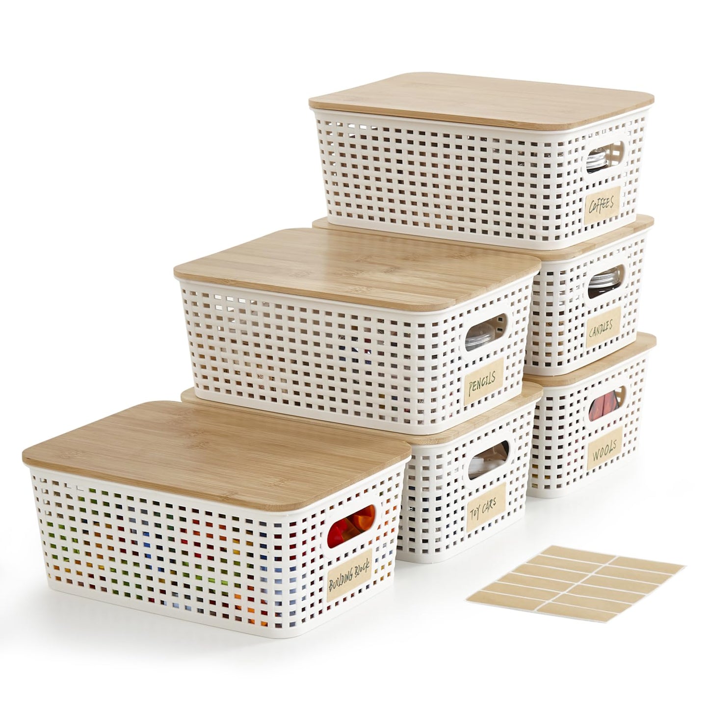 Bagnizer Small Plastic Storage Bins with Bamboo Lids 5.2qt Stackable Box Basket Pantry Decorative Containers Cute with Labels for Organizing Desktop Closet Office Cream White of 6 packs 10*7.2*4.1"