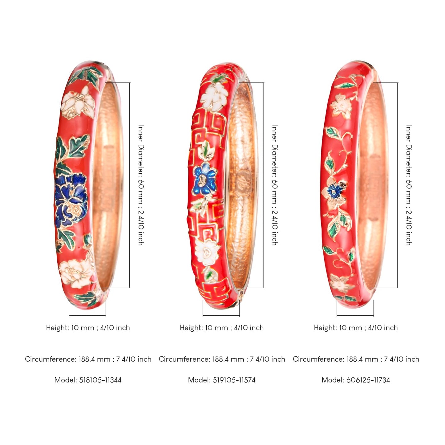 UJOY Womens Enameled Cloisonne Bracelet Gold Plated Flower Enameled Hinged Cuff Bangles Jewelry Gift 55A-3PCS red