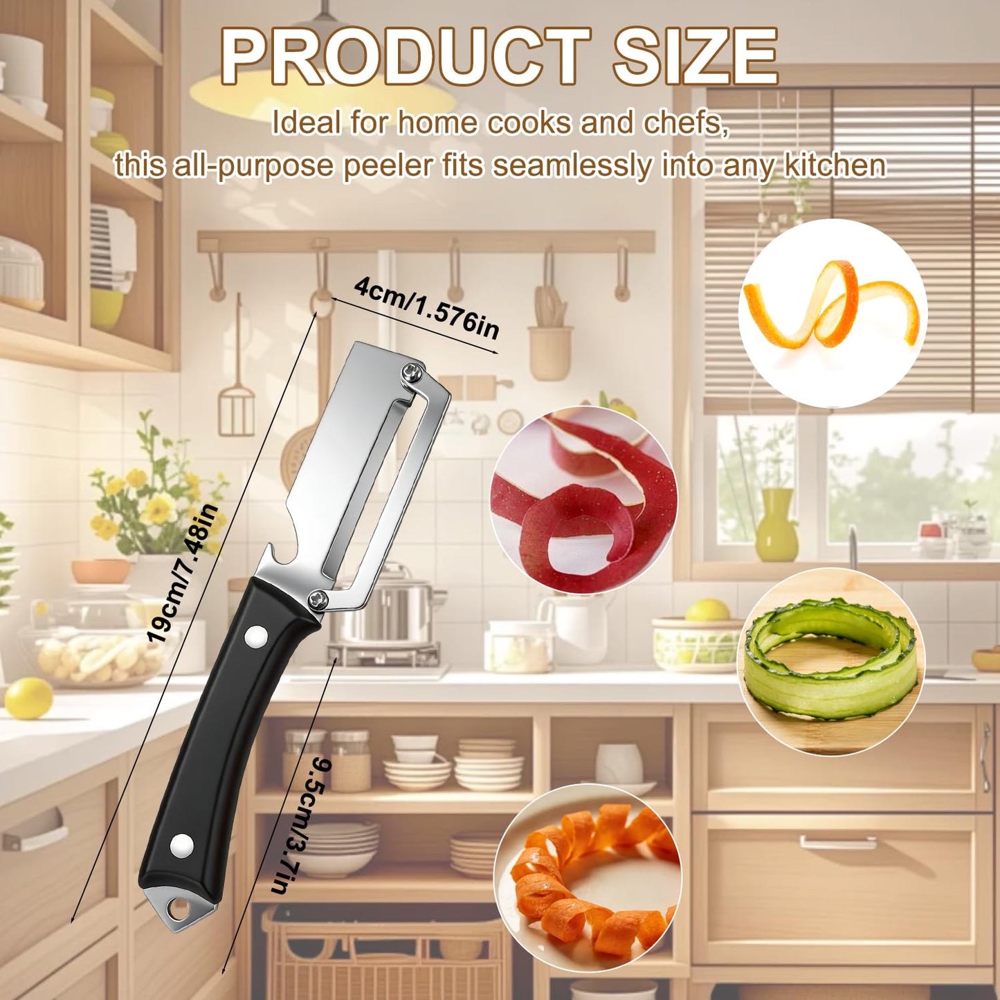 2Pcs Premium Vegetable Peeler with Wooden Handle and Bottle Opener,Multifunctional 3-in-1 Stainless Steel Kitchen Tool for various fruits and vegetables that require peeling（Black + Brown）