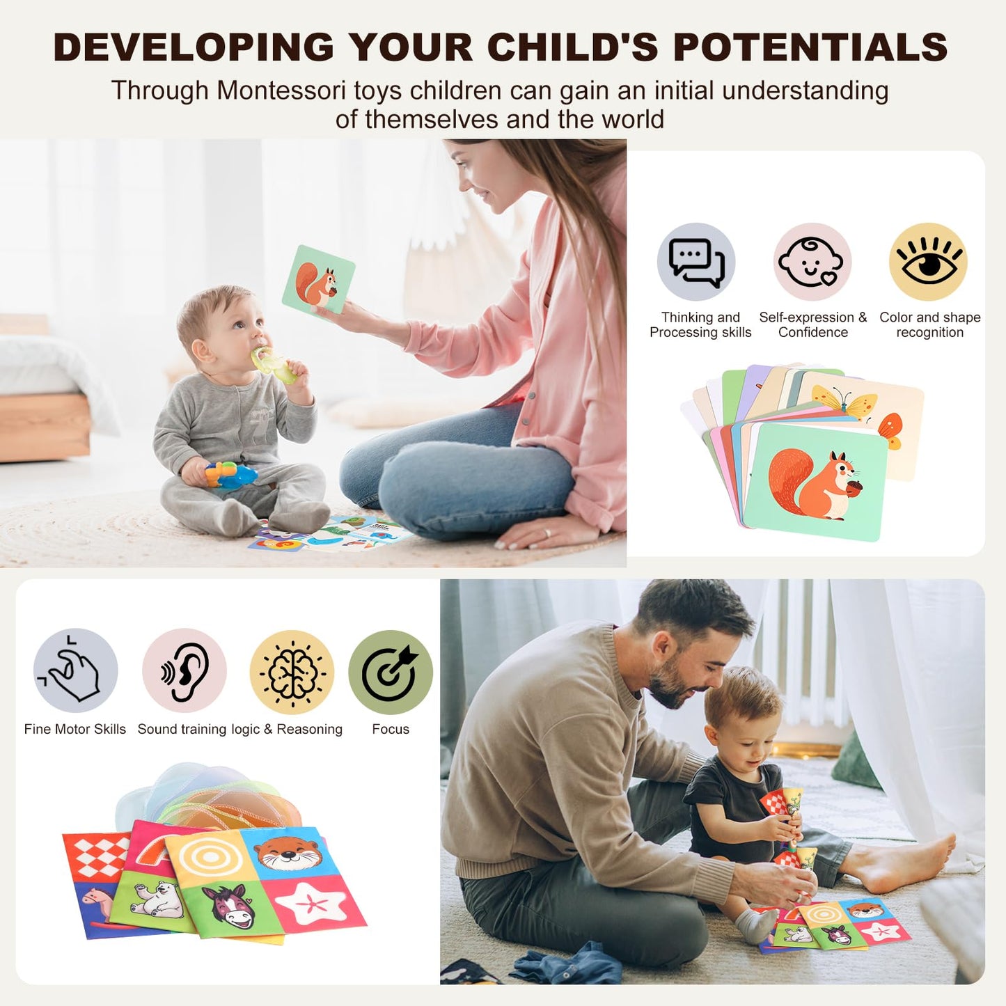 Child-Safe Montessori Educational Sensory Toy Set for Babies and Toddlers 6-12 Months - Must-Have for Early Development - 10 in 1 Wooden Learning Toy kit with Object Permanence Box, Stacking Cups etc