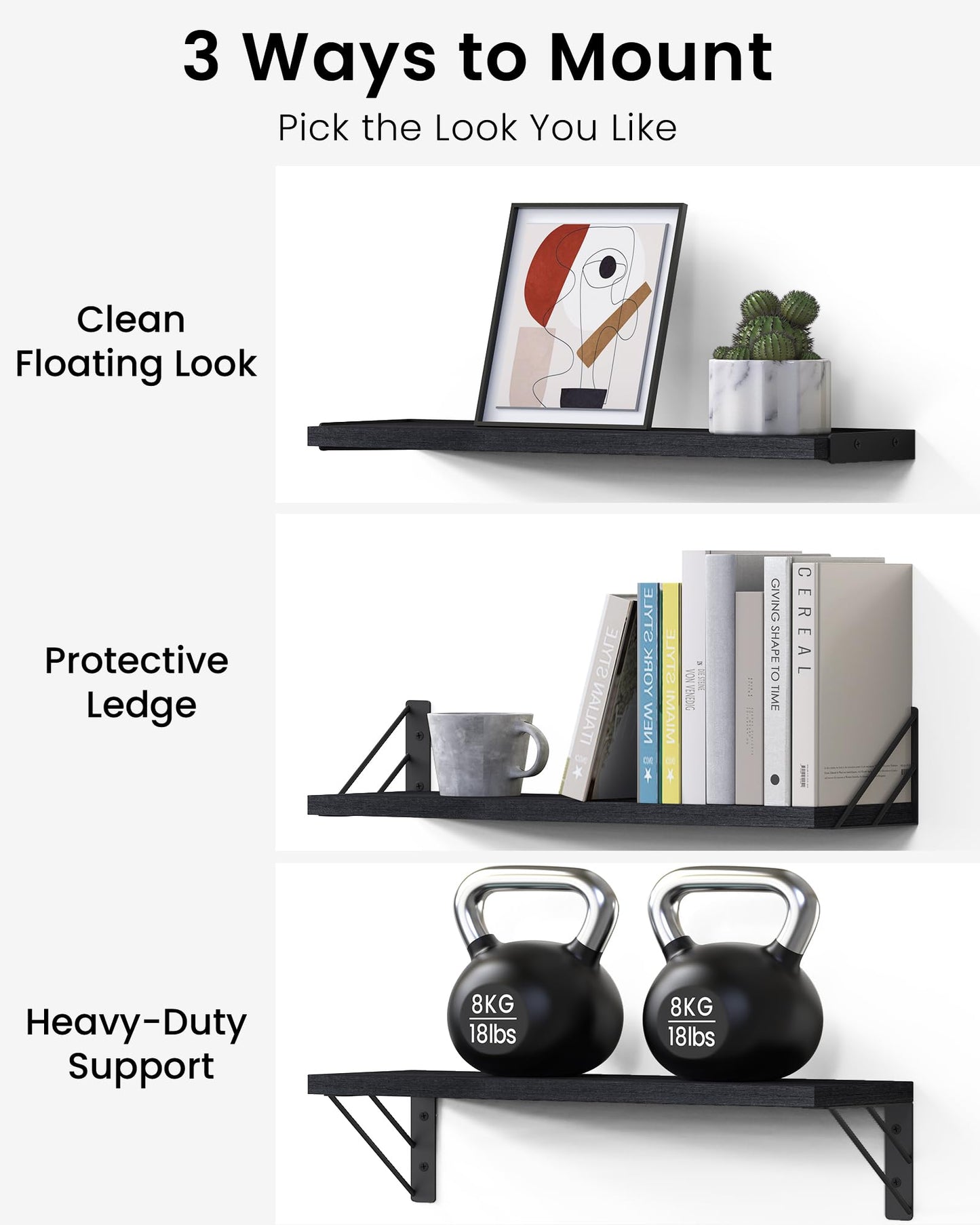 BAYKA Wall Mounted Floating Shelves, Wood Floating Wall Shelf for Books & Decor, Small Space-Saving Display & Organizer（Black，Set of 3）