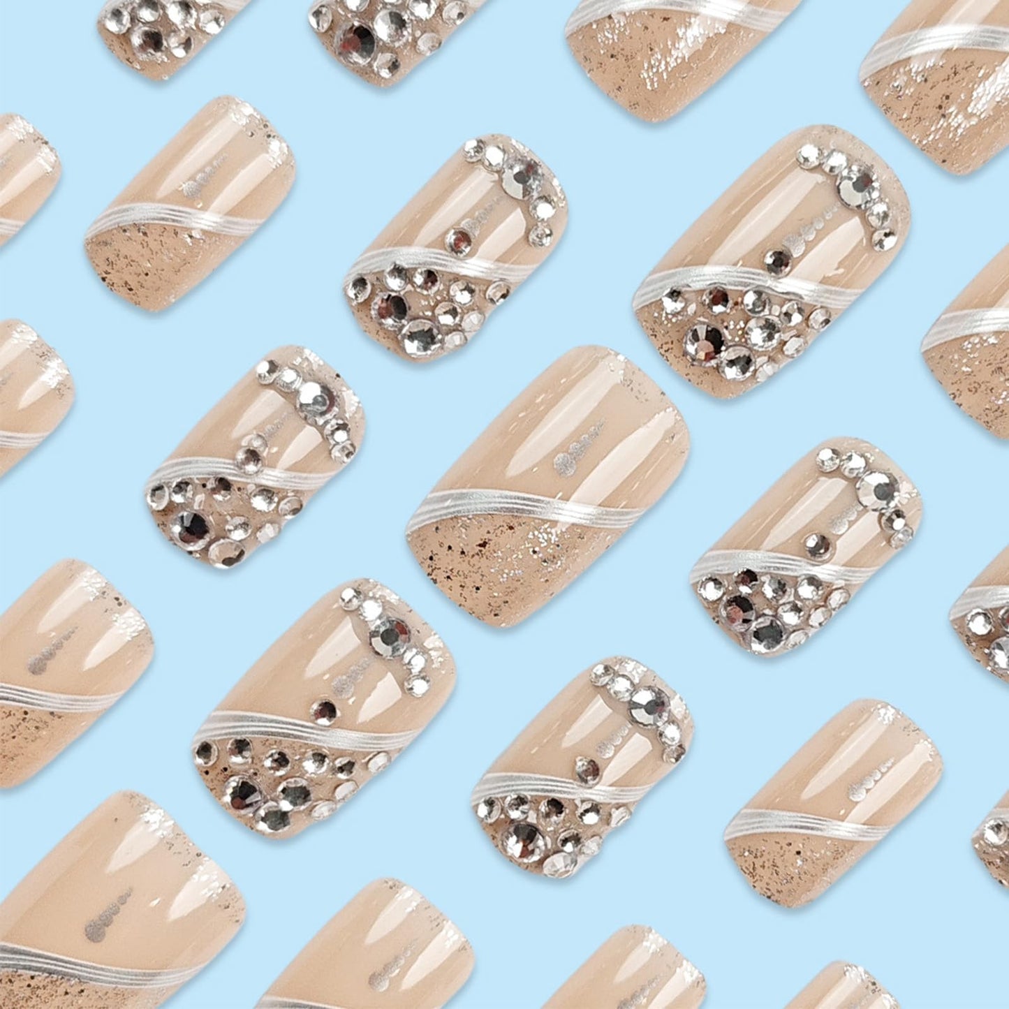 Silver Curve Line Press on Nails 24Pcs Rhinestones Stick on Nails Crystal Acrylic Short Square Fake Nails Glossy Silver Glitter Nails Streamer Gel Glue on Nails for Coquette Women Girls