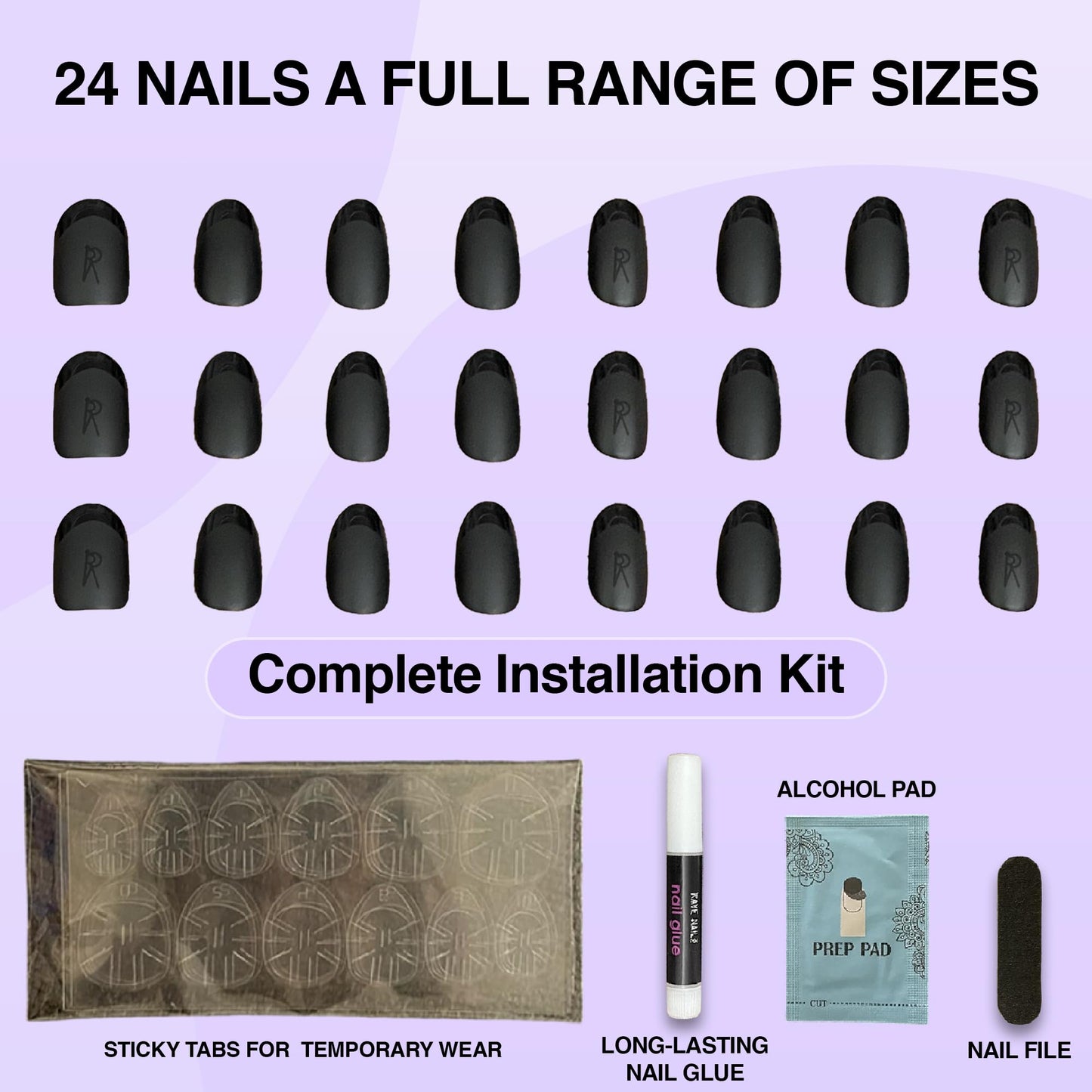 Rave Nailz Midnight French Tip Press On Nails (24 Count) | Matte Black 3D False Oval Press On Nail Short with Glossy Tip | Chip-Resistant Fake Nails with Glue, Includes File, Long-Lasting 2+ Weeks