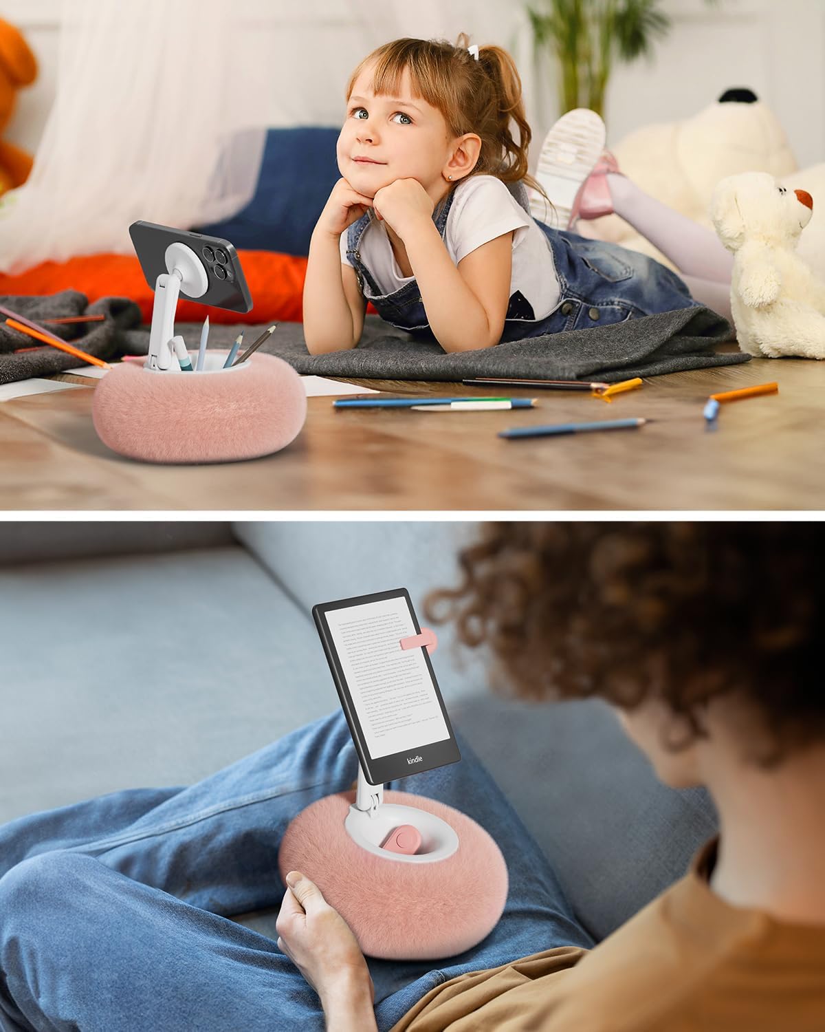 Viozon Phone Holder for Bed, Magnetic Pillow Stand, Compatible with 4-7" Phone/Kindle with Small Storage, Removable Suction Base for Stability, Idea for Kindle Reading and Video Watching On Bed,Pink