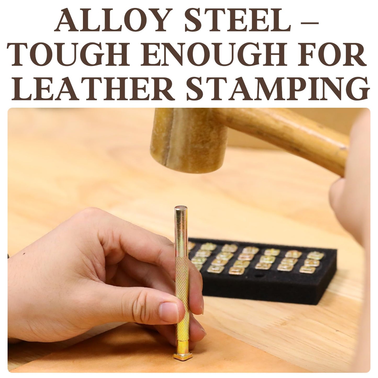 BESTNULE 27pcs Leather Stamps, Leather Stamping Kit, Leathercraft Stamping Tool Set, 26PCS Capital Letter Leather Stamps 9.5mm + 1 Stamping Handle for Leather Craft