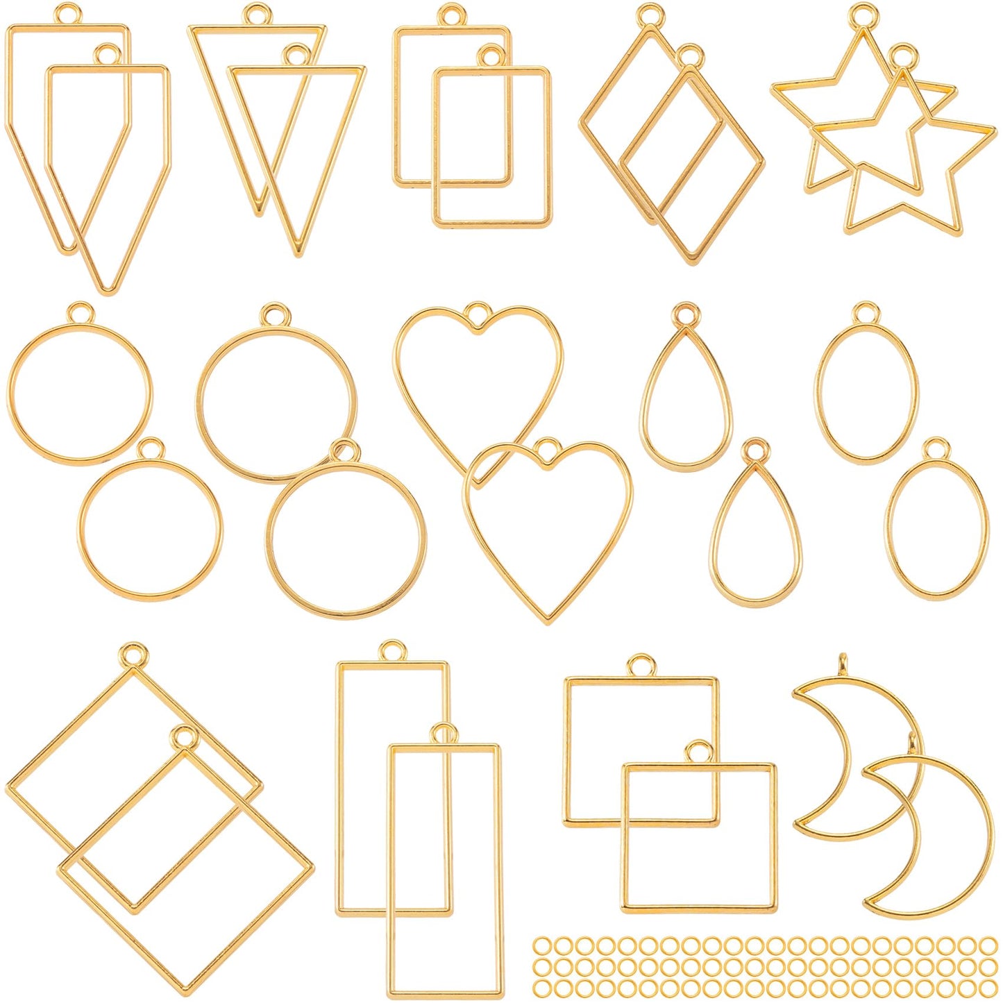 CustomyLife 28 pcs Open Bezels with 100pcs Jump Rings, 14 Styles Gold Heart Star Moon Hollow Frame Pendant Epoxy Mold Kit for Resin Casting, DIY Jewelry Making, Necklaces, Earrings Making Supplies
