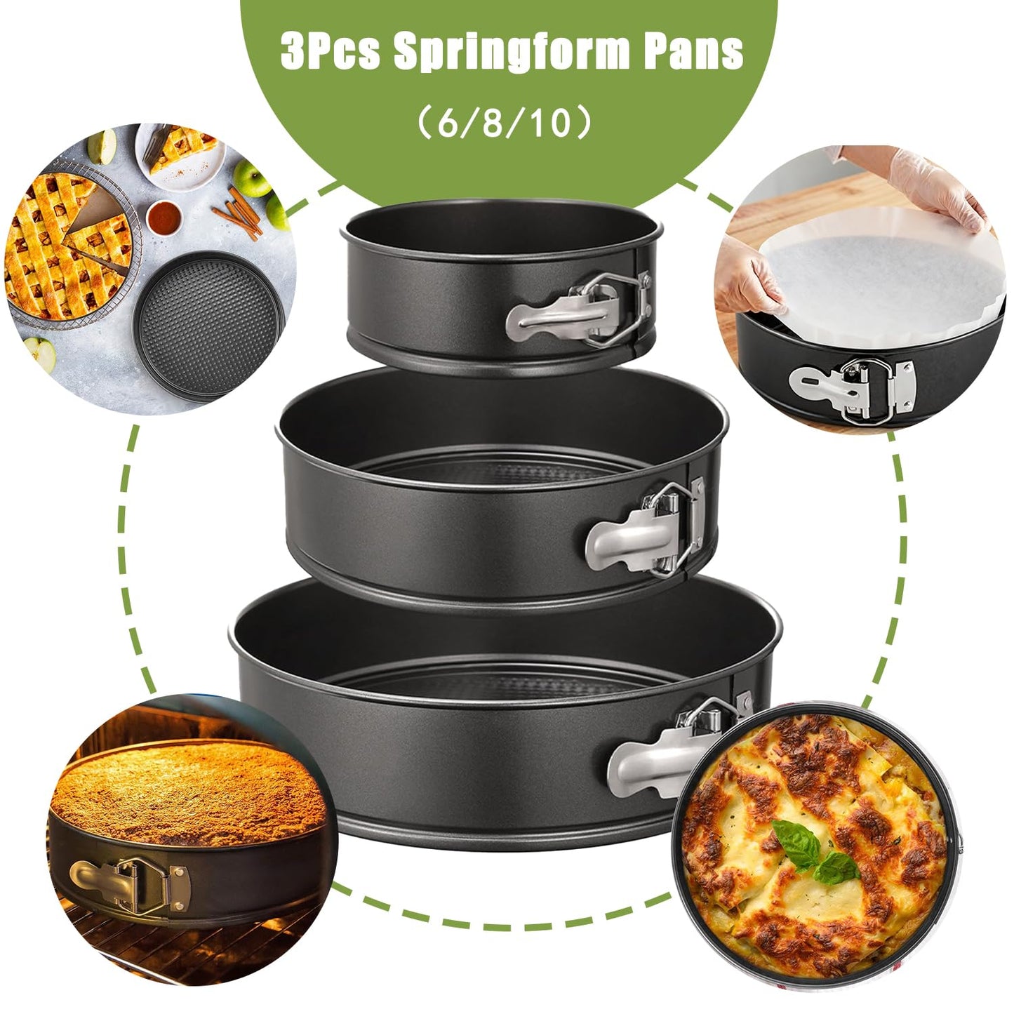 Easynzery 168pcs Cake Pan Sets for Baking + Cake Decorating Supplies: 3 Non-Stick Springform Pans Set (6, 8, 10 inches), Icing Tips – Multi-functional Leak-Proof CheeseCake Pan