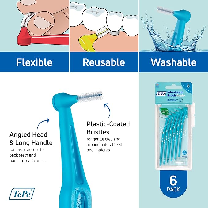 TePe Interdental Brush Angle, Angled Dental Brush for Teeth Cleaning, Pack of 6, 0.6 mm, Medium Gaps, Blue, Size 3