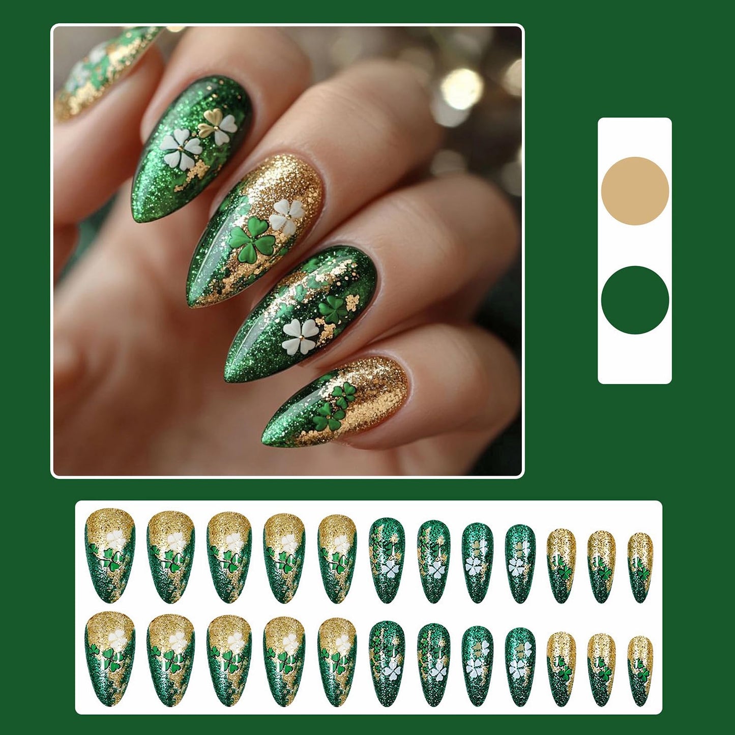MISUD Press on Nails - Medium Almond Fake Nails with Shamrock, Acrylic Bling Green Gold Glitter Design 24 pcs