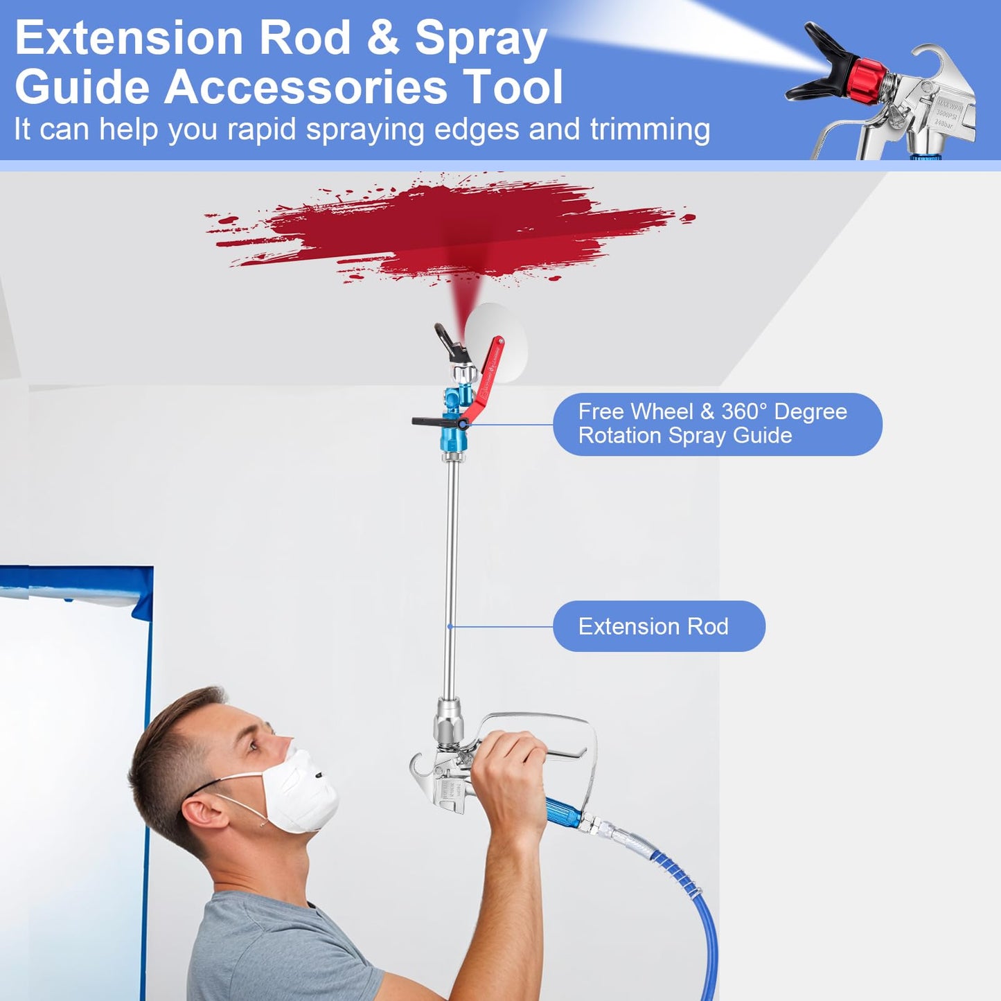 Gyfent 22Pcs Airless Paint Sprayer Gun Kit, 3600PSI Spray Gun with 50Ft x 1/4“ NPT Airless Paint Sprayer Hose & 6Pcs Reversible Spray Tips & Guide Tool & 4Pcs Extension Wand & 6Pcs Filters