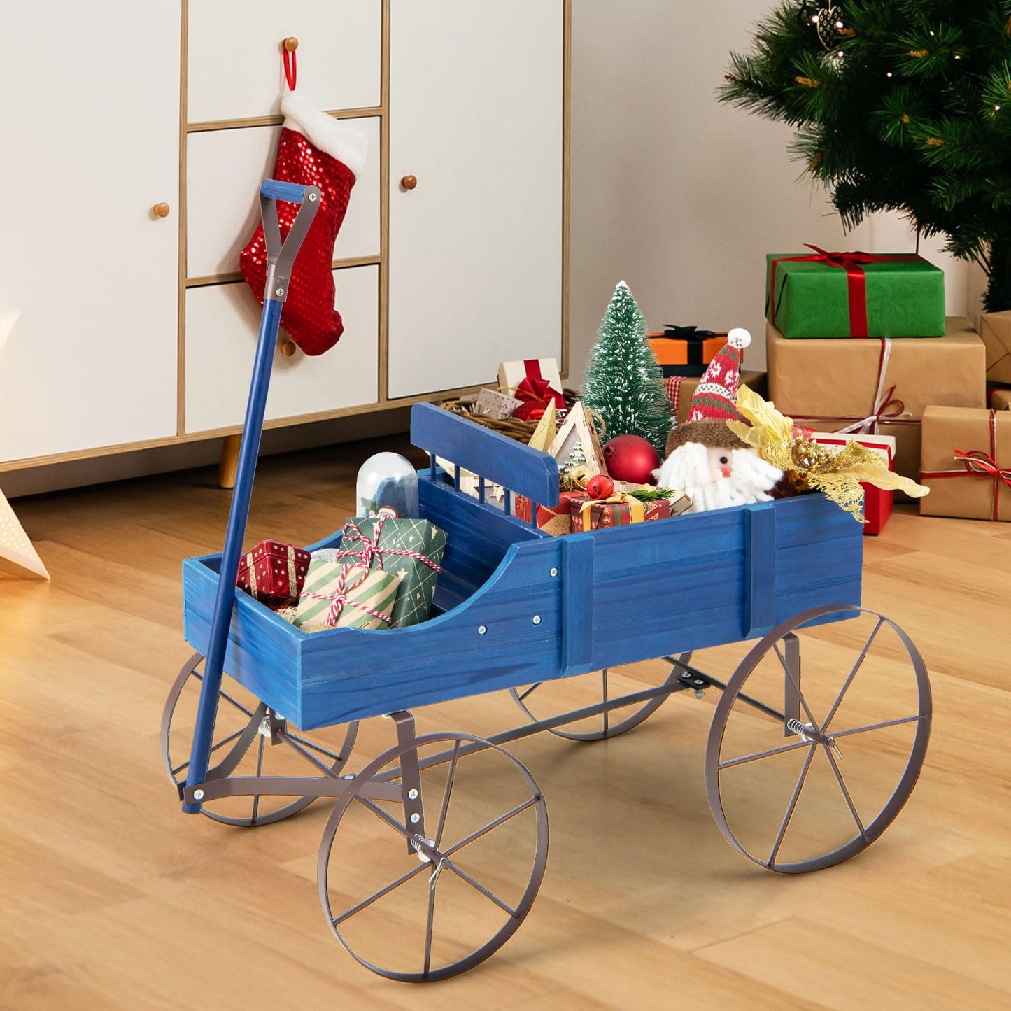 Goplus Wagon Planter, Decorative Wooden Garden Planter with Wheels, 2 Planting Sections and Adjustable Handle, Indoor Outdoor Backyard Balcony Decor (Blue)