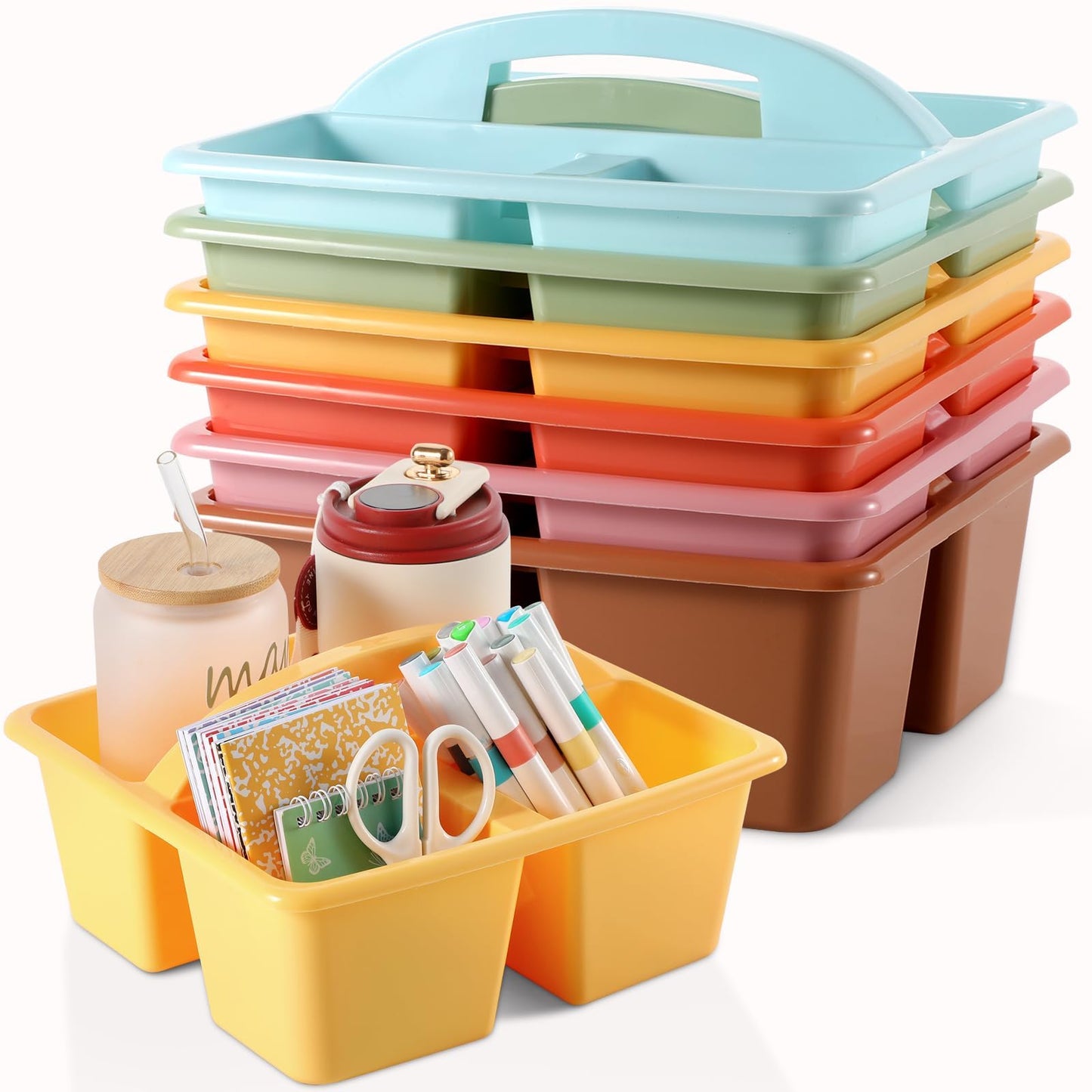 6 Pack 3 Compartment Small Caddy Plastic Classroom Organizer with Handle Portable Teacher Supply Storage Caddy Craft Art Caddies for Pencil, Crayon, Marker, Home, Office, School Supplies(Boho)