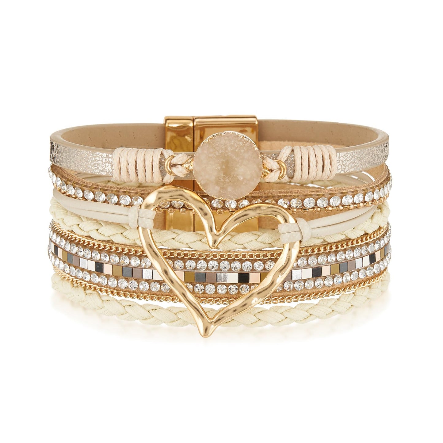 QIUTIMIY Leather Bracelets for Women Trendy Boho Cuff Bracelet Layered Bangle with Clasp Hand Wrist Jewelry Western(Style 6-Beige)