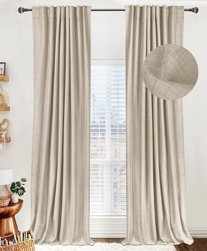 100% Blackout Shield Linen Blackout Curtains for Bedroom 90 Inches Long, Back Tab/Rod Pocket Living Room Drapes, Thermal Insulated Blackout Curtains 2 Panels Set, 50" W x 90" L, Oatmeal
