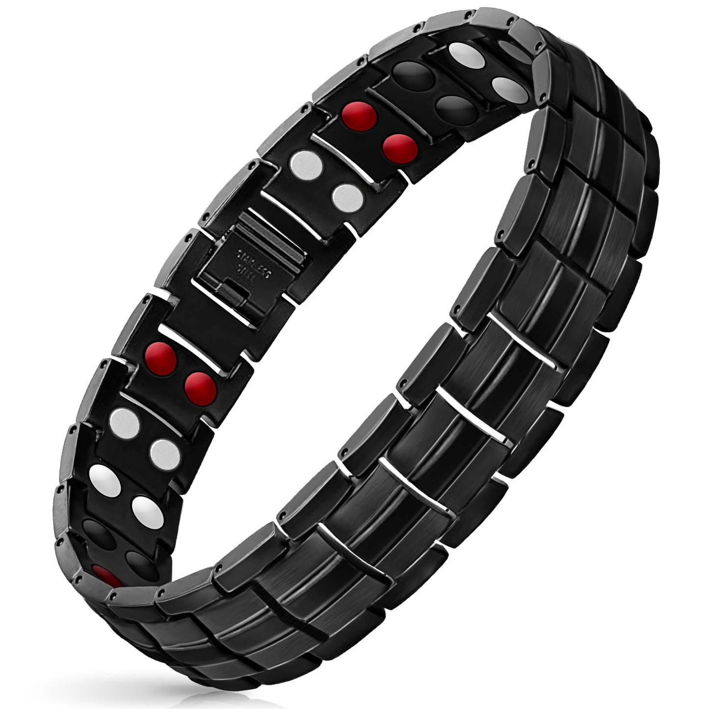 Mahnco Magnetic Bracelet for Men Adjustable Titanium Steel Men’s Bracelet with Double Rows Effective 4 Elements Magnets & Remove Tool (Black Classic)