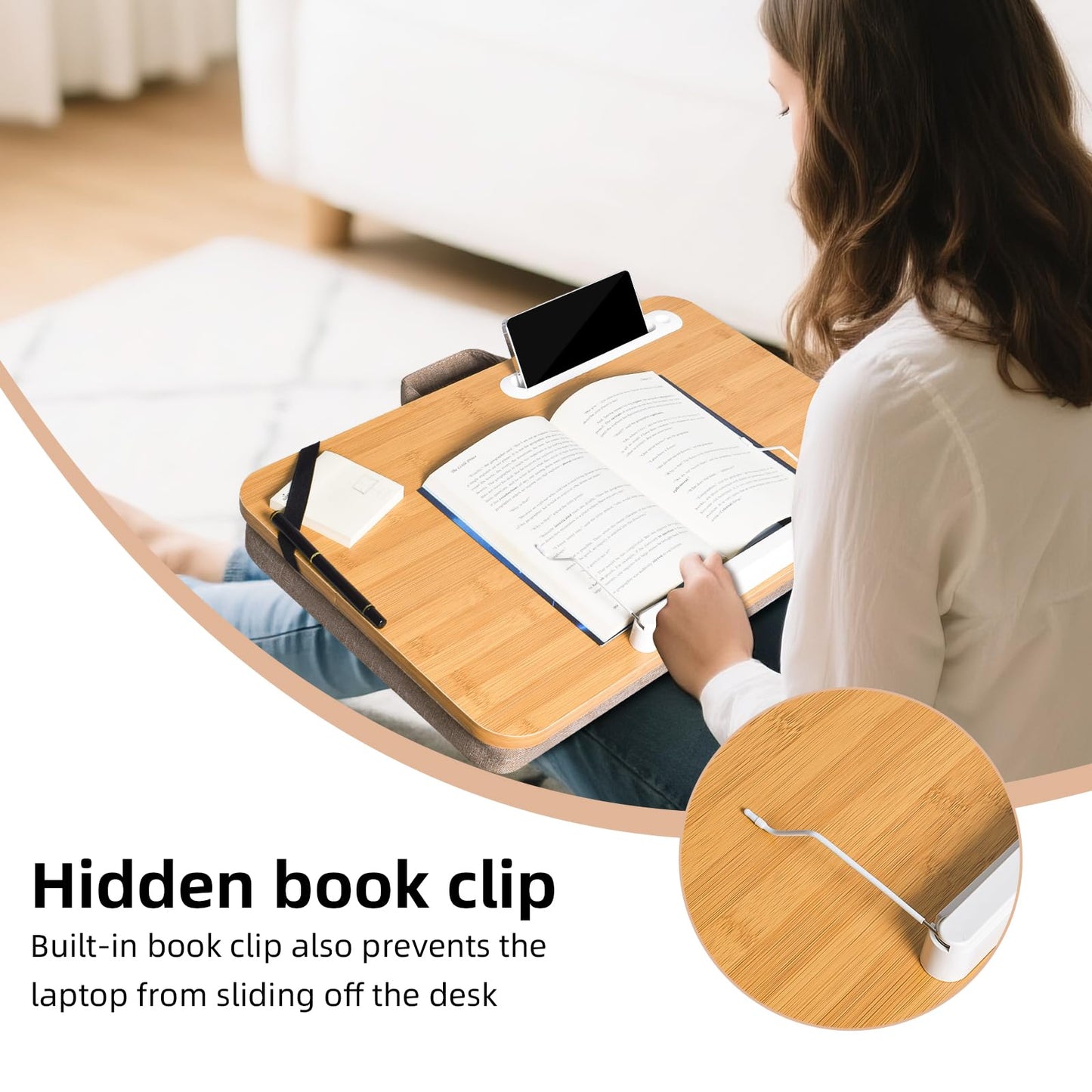 Wishacc Portable Bamboo Lap Desk Tray, Natural Wood, Large 21.1 x 12.9 Inch, for Home Office