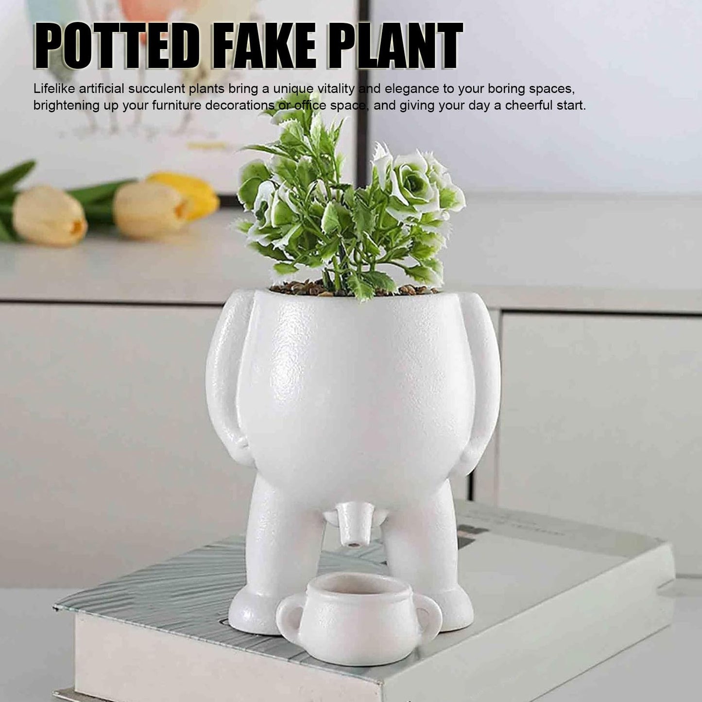 Ymiko Creative White Ceramic Flower Pot, Planter Pot for Indoor Outdoor Gardening, Funny Modern Plant Vase with Drainage Hole and Rubber Plug, 12.5x11x8.5cm (White)