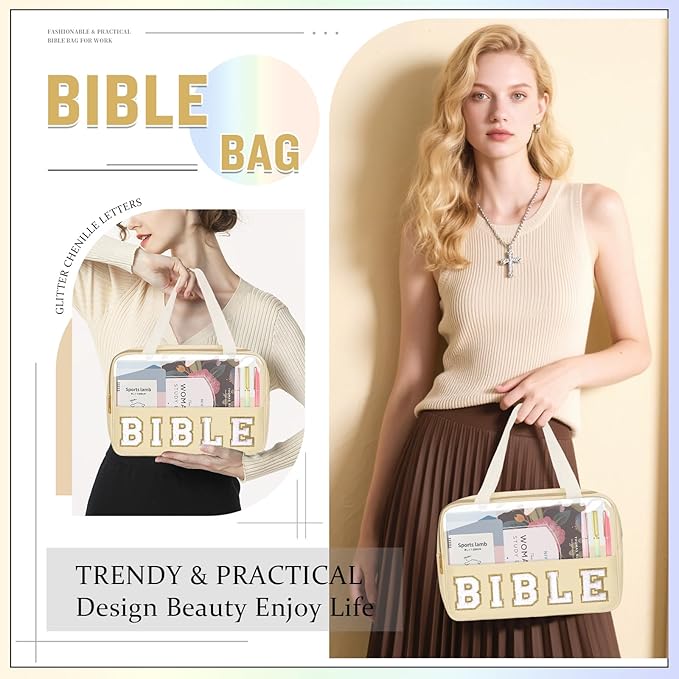 Chenille Letter Bible Bag Cover Case for Women,Preppy Bible Study Supplies Church Bag Purse Bible Accessories with Handle Zipper,Waterpoof Travel Makeup Bag Christmas Christian Gifts(BIBLE-Beige)