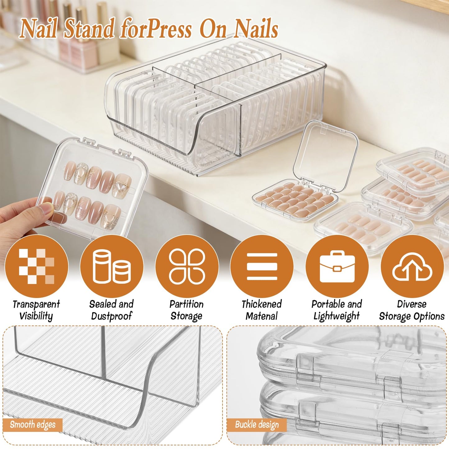 Wopgrty 30 Pcs Press On Nail Storage Box, Acrylic Display Case, Packaging Box for Nail Art, Large Stackable, All-In-One Box, 120 Pcs Double Sided Adhesive Nail Display Tape