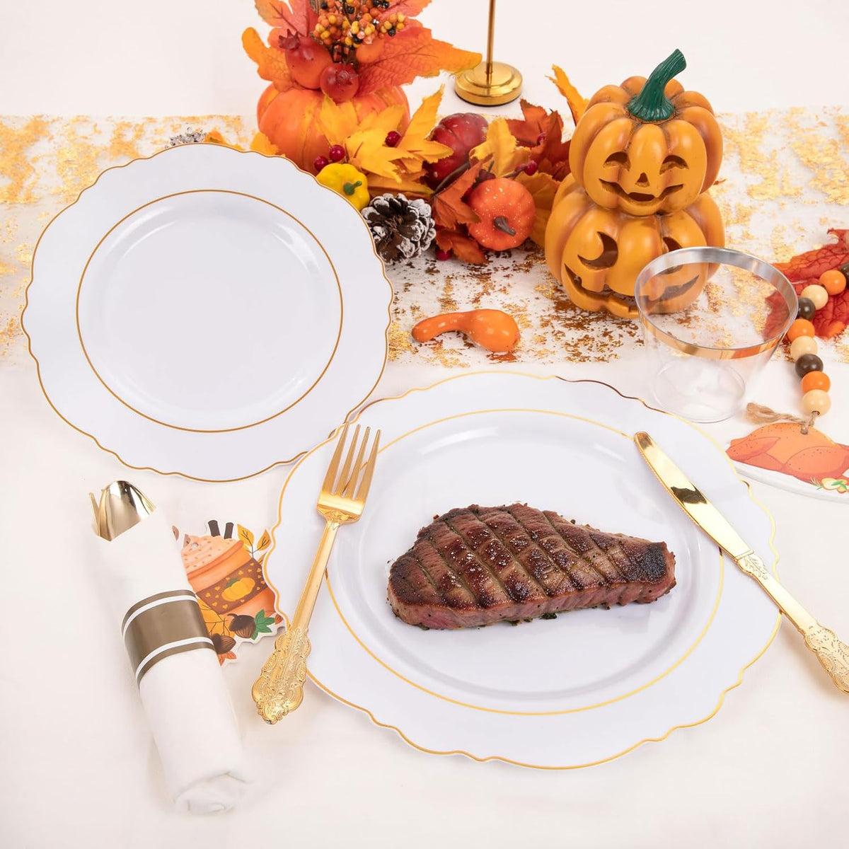Liacere 350PCS Gold Plastic Plates-Disposable White and Gold Plates 50guest Baroque Plastic Dinnerware include 100Plates, 50Pack Pre Rolled Napkins with Silverware 50Cups for Wedding&Thanksgiving