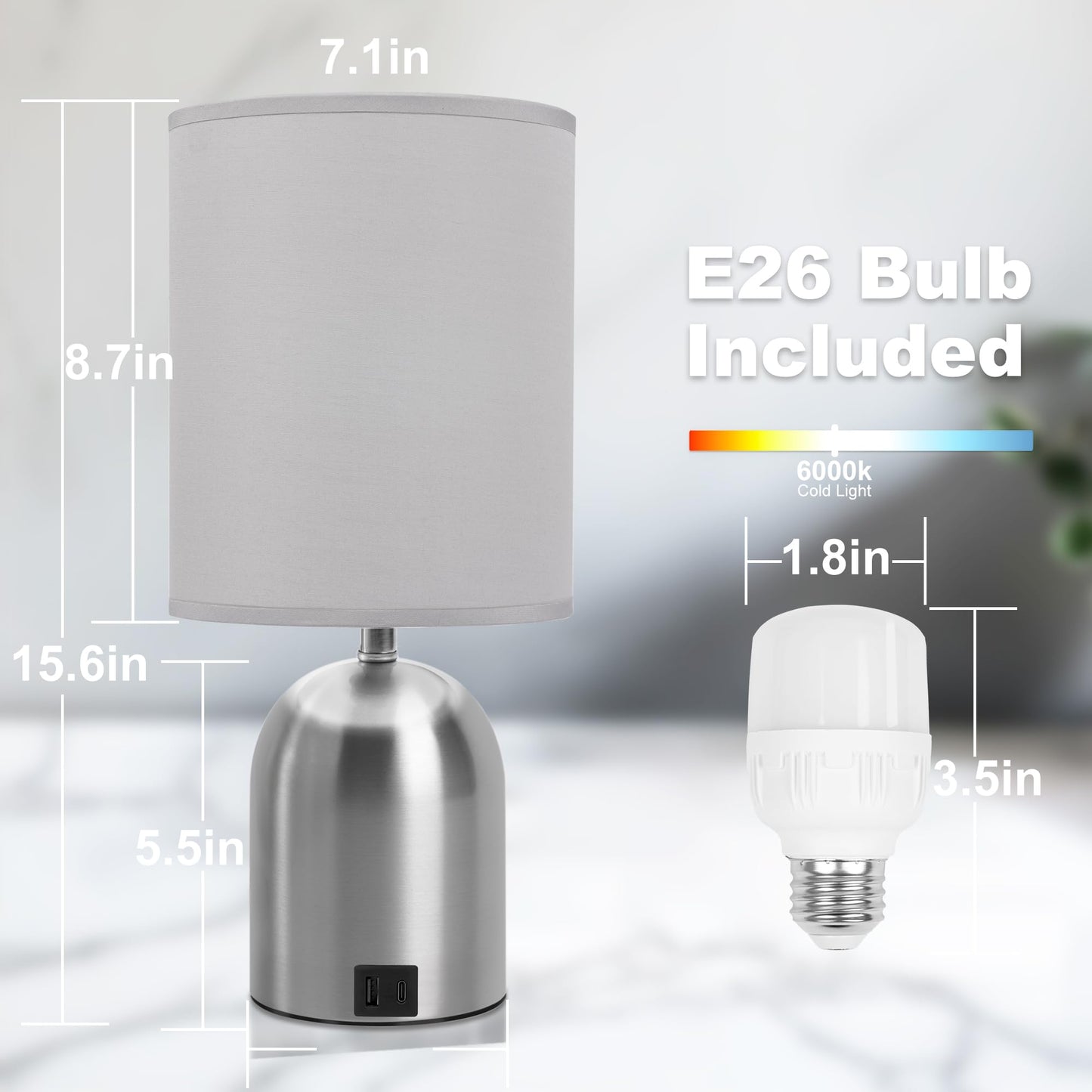 Fttoyoly Bedside Table Lamp for Bedroom, 3 Way Dimmable Touch Small Desk Lamp for Office with USB Charging Port Lamps for Living Room, Bedroom, Reading Room, Office, Grey/Sliver, Silver