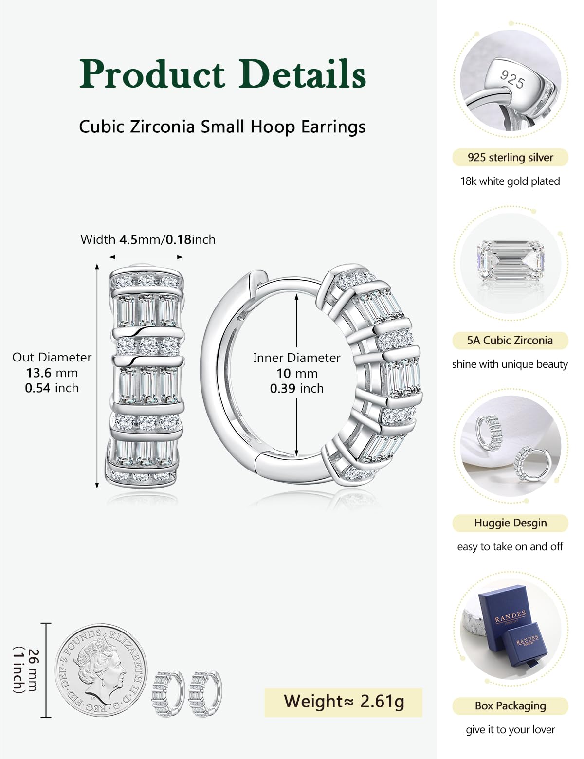 RANDES 925 Sterling Silver Cubic Zirconia Huggie Hoop Earrings for Women Created-Diamond Earrings Chunky Small CZ Earring Hoops