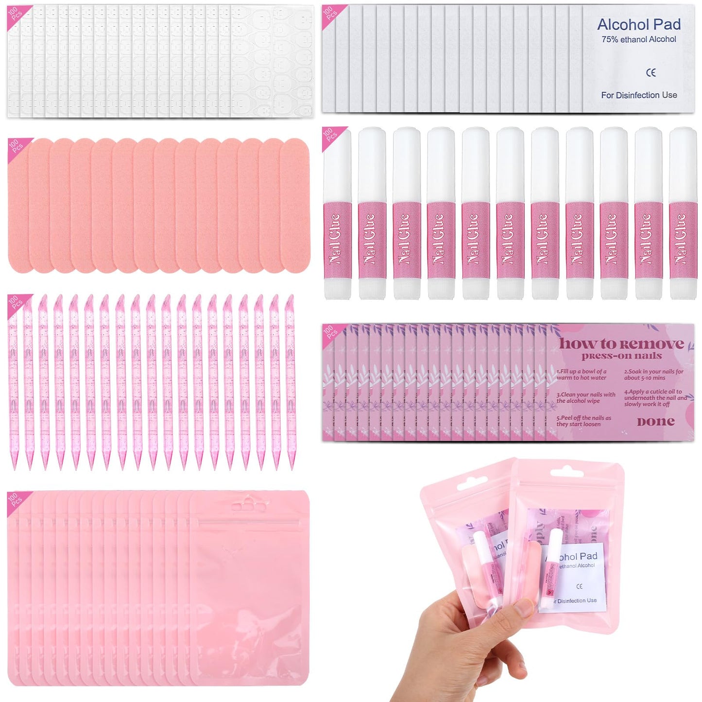 100 Set Disposable Nail Supplies Kits, Professional Manicure Press On Nails Tool Kit with Nail File, Adhesive Tabs, Nails Glue, Plastic Sticks, Prep Pads, Bags (Pink)