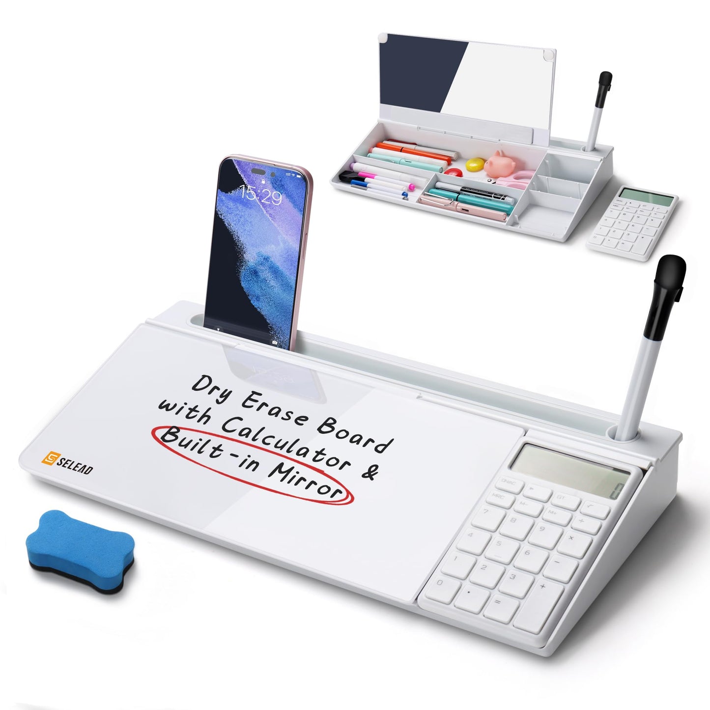 SELEAD Desktop Glass Whiteboard with Calculator & Built-in Mirror, Dry Erase White Board Computer Pad Keyboard Stand with Organizer Drawer, Desk Accessories for Home, School, Office