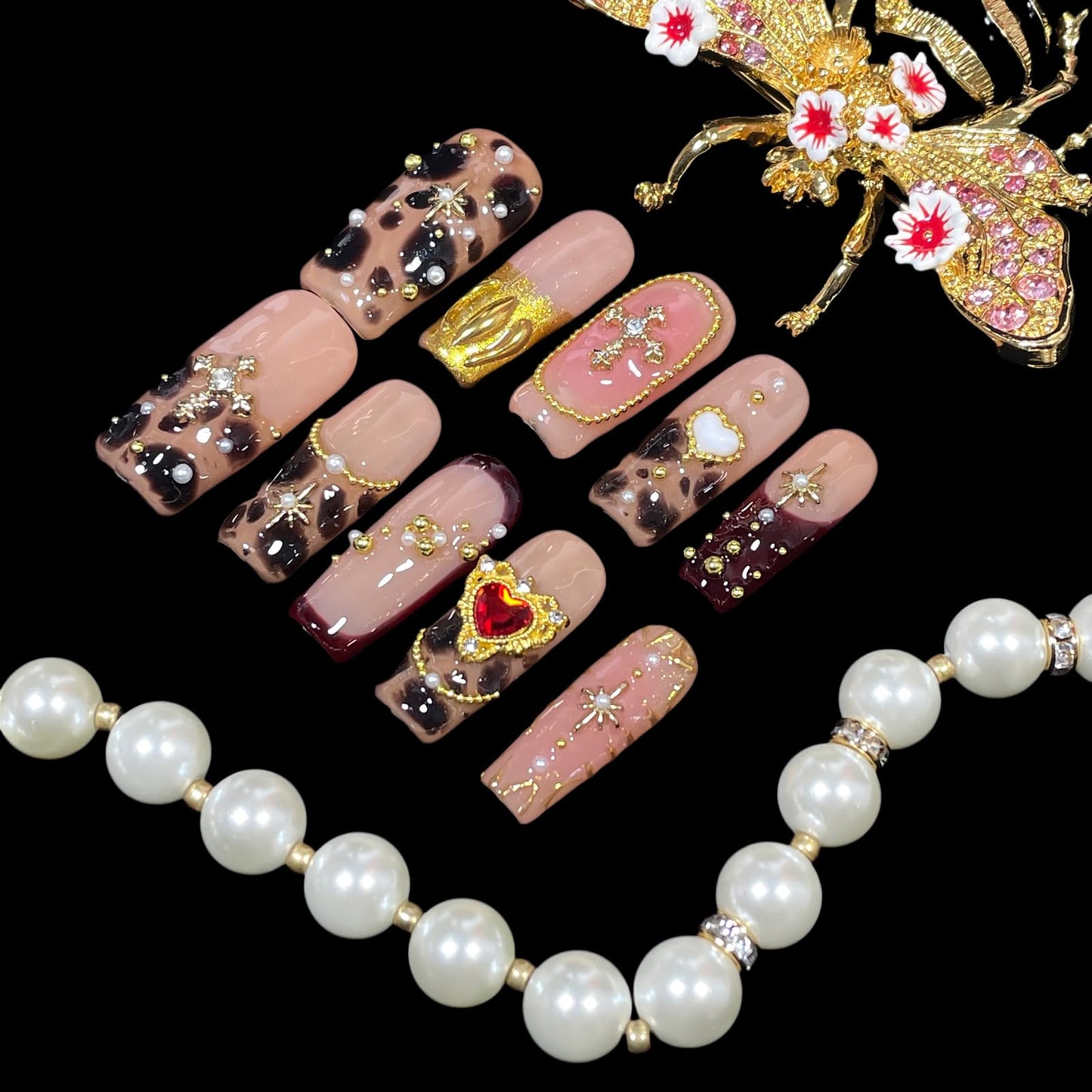 Handmade Press on Nails with Diamond & Gold Cross Chain - Amber Print Medium Long Square False Nails, Reusable Acrylic Luxury Glam Nail Art (Amber, S)
