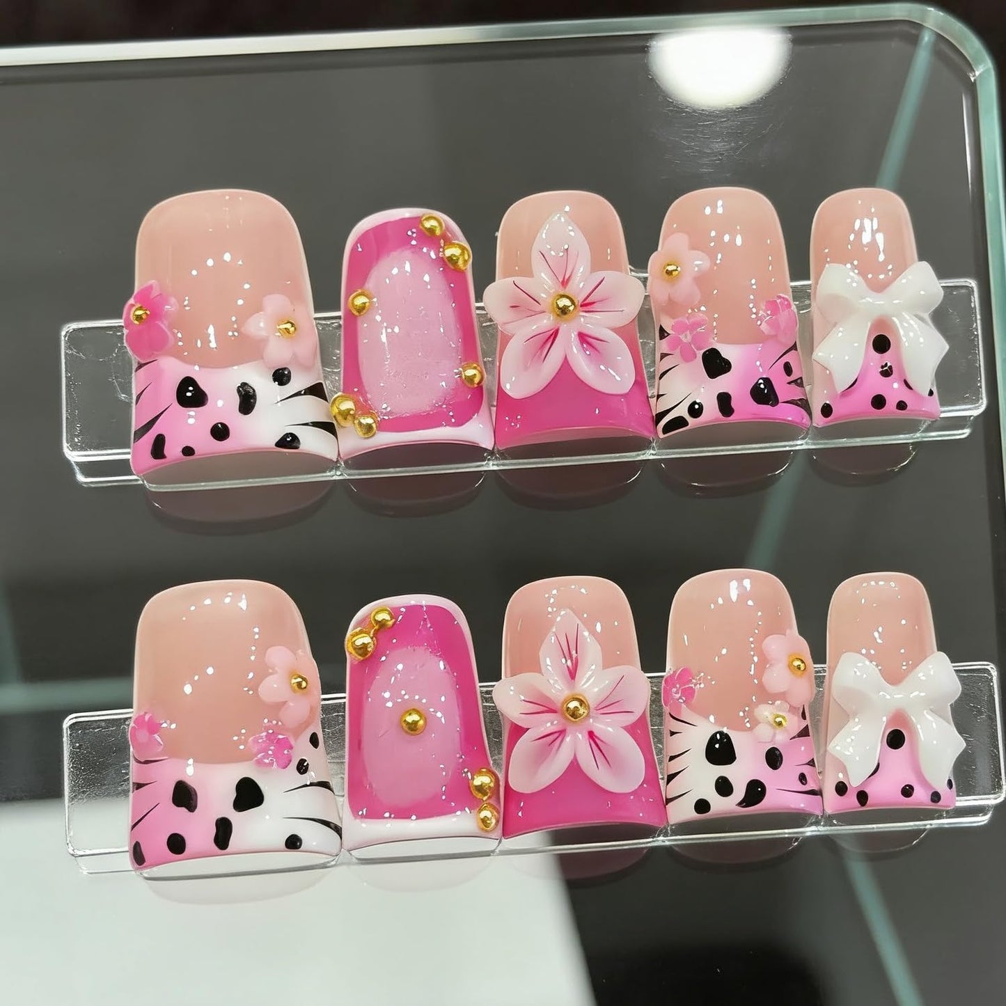 10 Pieces Luxury Acrylic Press On Nails Medium Handmade Duck Nails, Colorful Thickened French False Nails Leopard Print Flowers Design Reusable Acrylic Nails for Women (S)