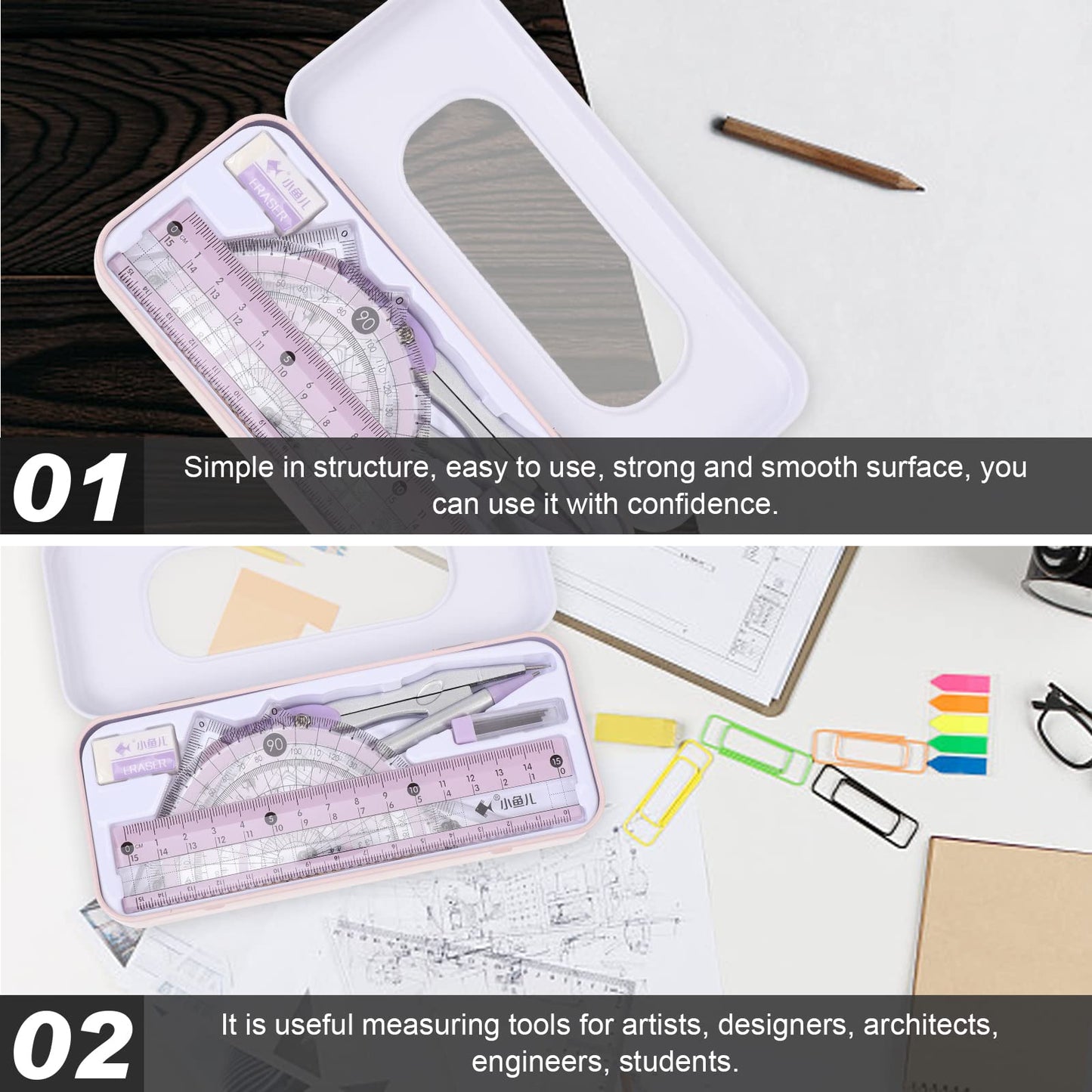 LUOZZY Student Math Geometry Tool Set Students Ruler Compass and Protractor Kit Office Stationery for Drawing School Supplies (Pink)