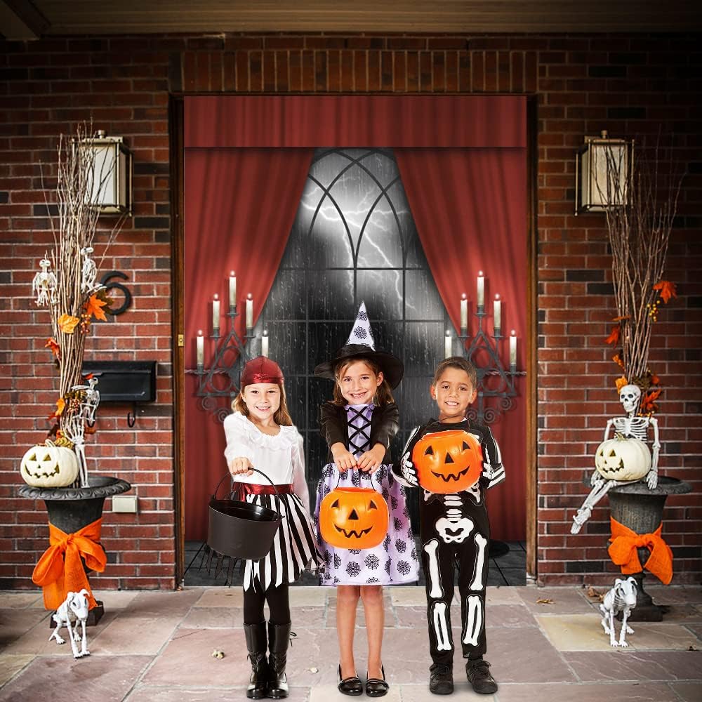 Renaiss 5x7ft Vintage Gothic Window Backdrop Red Curtain Candlestick Black Floor Lightning Stormy Sky Vampire Medieval Castle Photography Background Halloween Dress Up Party Decors Photo Booth Props