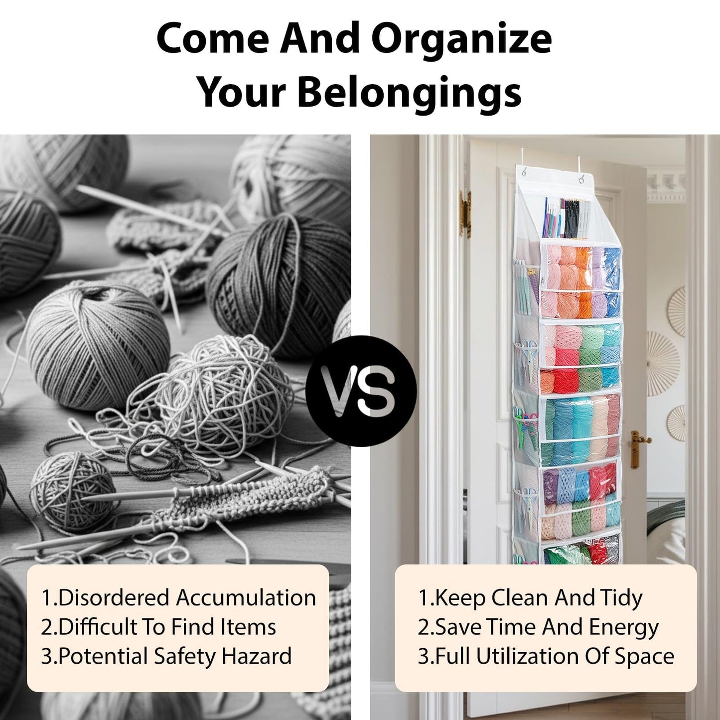 Bounlgsr 6 Large Hanging Yarn Storage Organizer with Double Zippers,10 Side Pockets, Large Capacity Knitting Needle Organizer, Over Door Yarn Organizer for Knitting Needles and Yarn