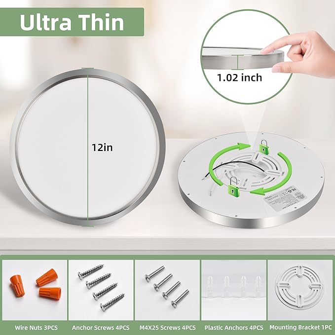 hykolity 2 Pack 12 Inch Selectable CCT LED Round Flat Panel Light, 24W 3000K/4000K/5000K, Edge-Lit Flush Mount Ceiling Light Fixture for Kitchen, Bedroom, Laundry and Closet Room,Brush Nickel