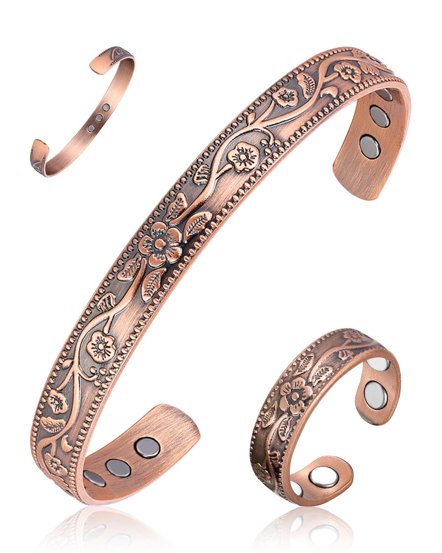BioMag Magnetic Copper Bracelet & Lymphatic Drainage Ring for Women, 99.99% Pure Copper Magnetic Cuff Bangle with 11 Pcs 3500 Gauss Magnets, Adjustable Size, Floral Vine Pattern
