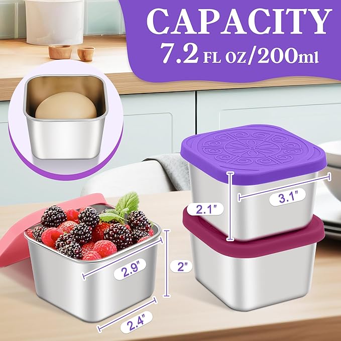 Stainless Steel Snack Containers for Kids,7.2oz Easy Open Leak Proof Reusable Snack Box Container with Lids,Small Lunch Containers for Meal Prep,School,Picnic and Travel-3Pack