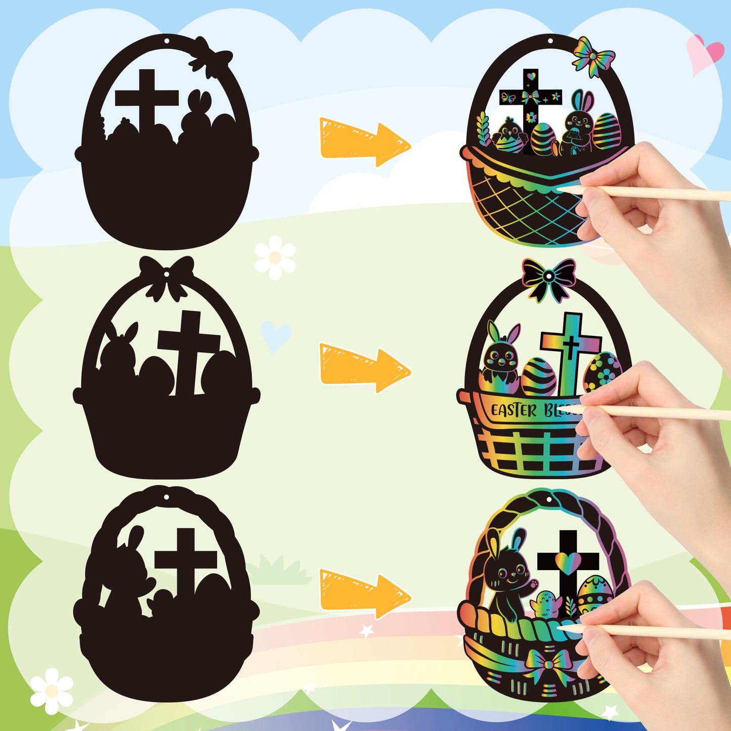 CY2SIDE 60PCS Religious Baskets with Egg Cross Scratch Card Gift Set DIY Christian Jesus is Risen Scratch Paper Craft for Kid Sunday School Activity Easter Bunny Magic Art Rainbow Color Paper Ornament