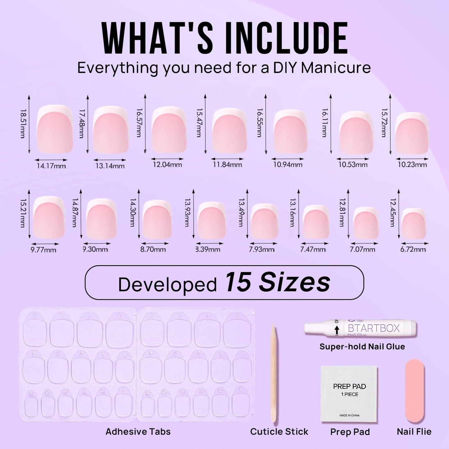 BTArtbox Press On Nails Short - Square French Tip Press On Nails, Fake Nail with Nail Glue, Natural Reusable Stick On Nails in 15 Sizes - 30 Fake Nails Kit, Silken Halo
